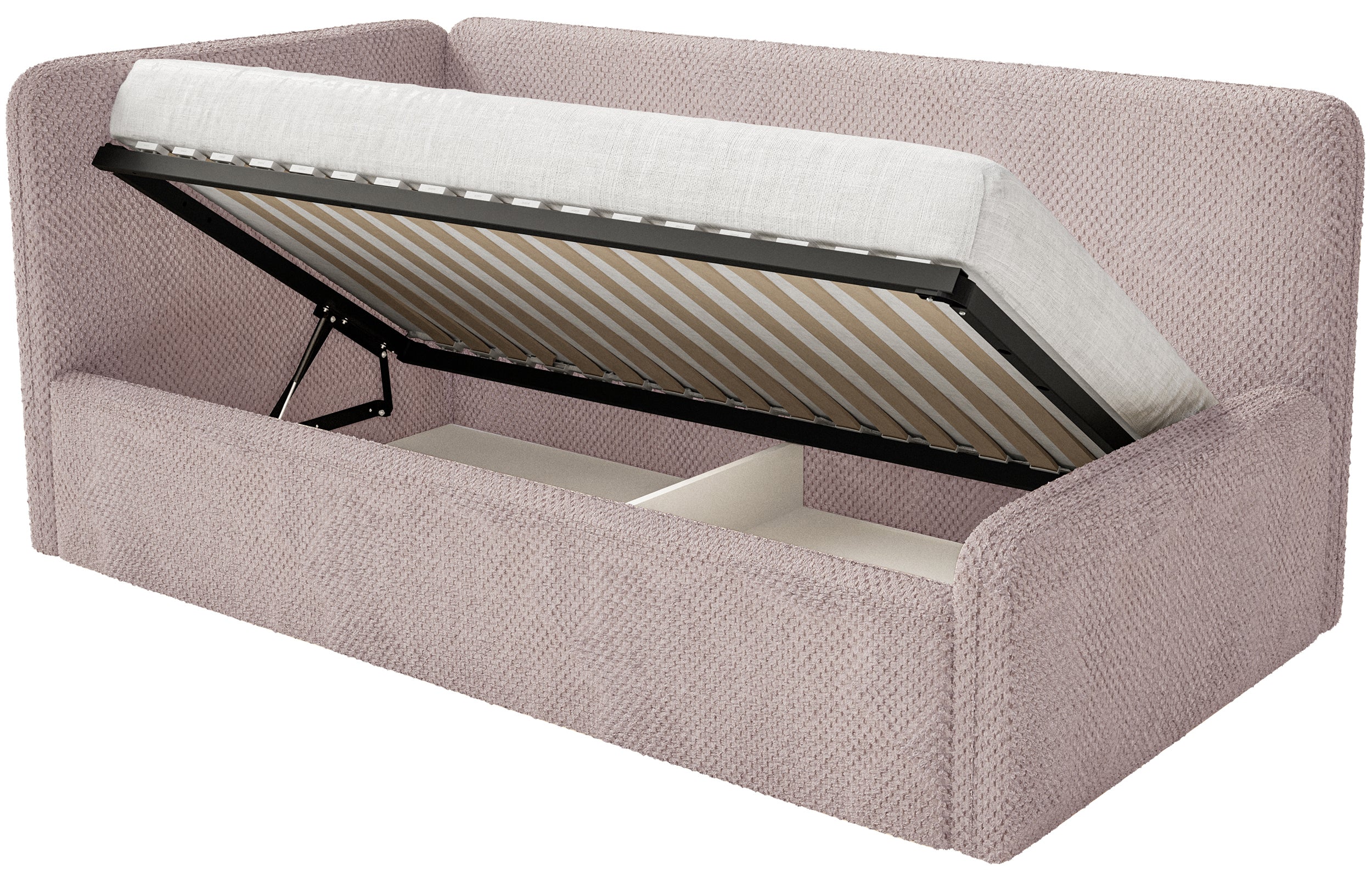 Jugendbett 90x200 cm Fanklo linksseitig mit Stauraum und Geländern, puderrosa Plüsch, wasserabweisend
