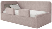 Jugendbett 90x200 cm Fanklo linksseitig mit Stauraum und Geländern, puderrosa Plüsch, wasserabweisend