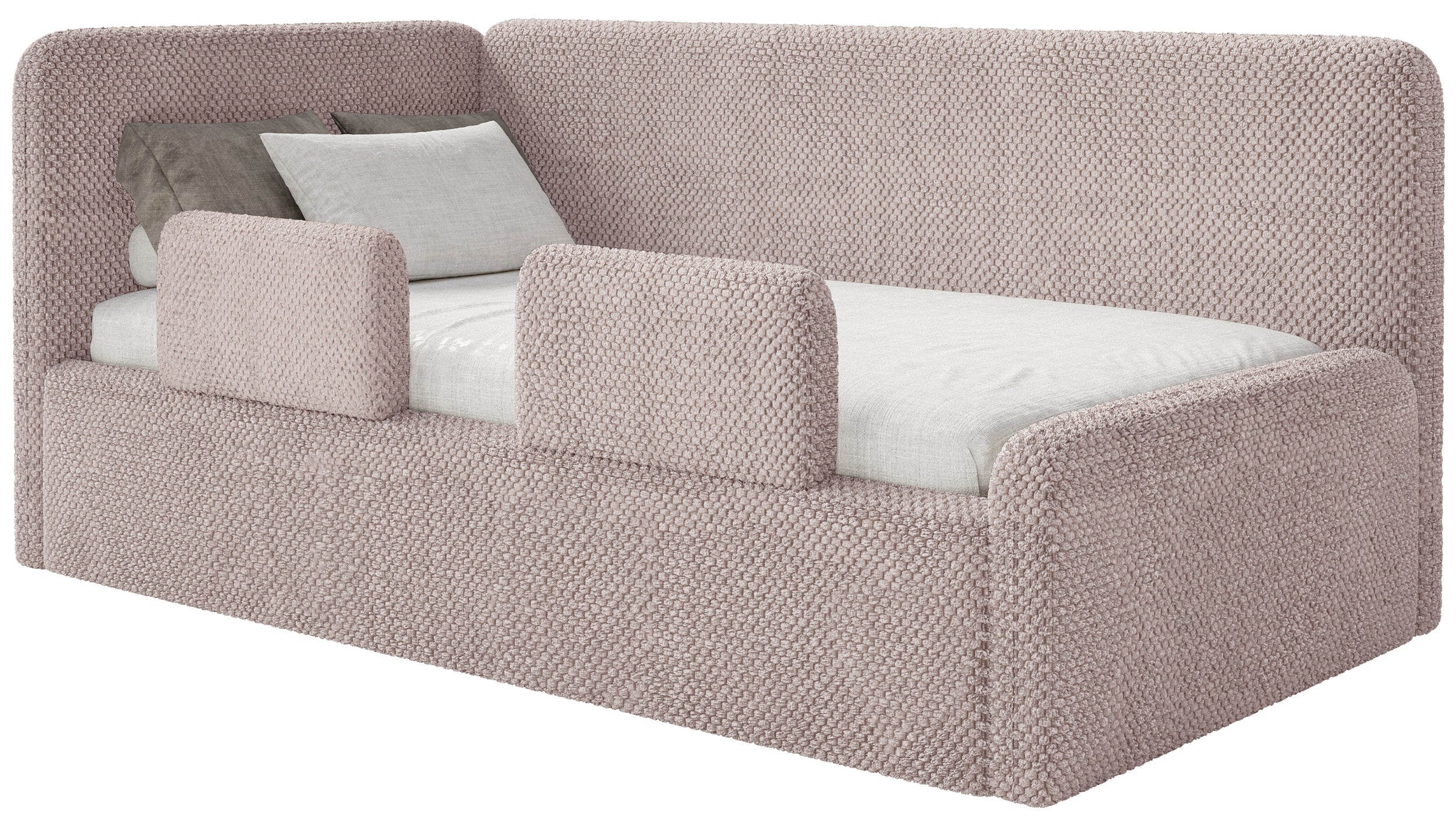 Jugendbett 120x200 cm Fanklo linksseitig mit Stauraum und Geländern, puderrosa Plüsch, wasserabweisend