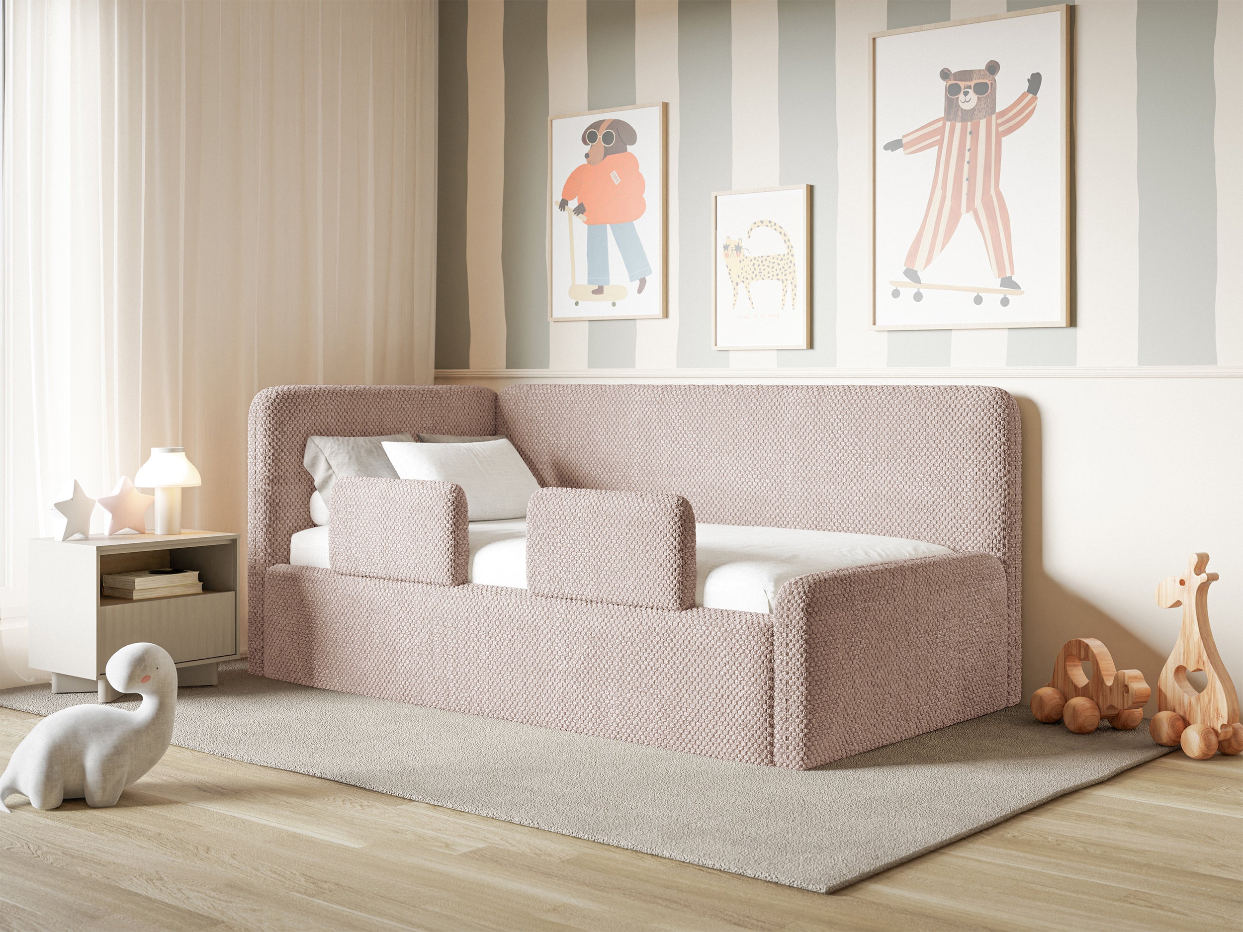 Jugendbett 120x200 cm Fanklo linksseitig mit Stauraum und Geländern, puderrosa Plüsch, wasserabweisend