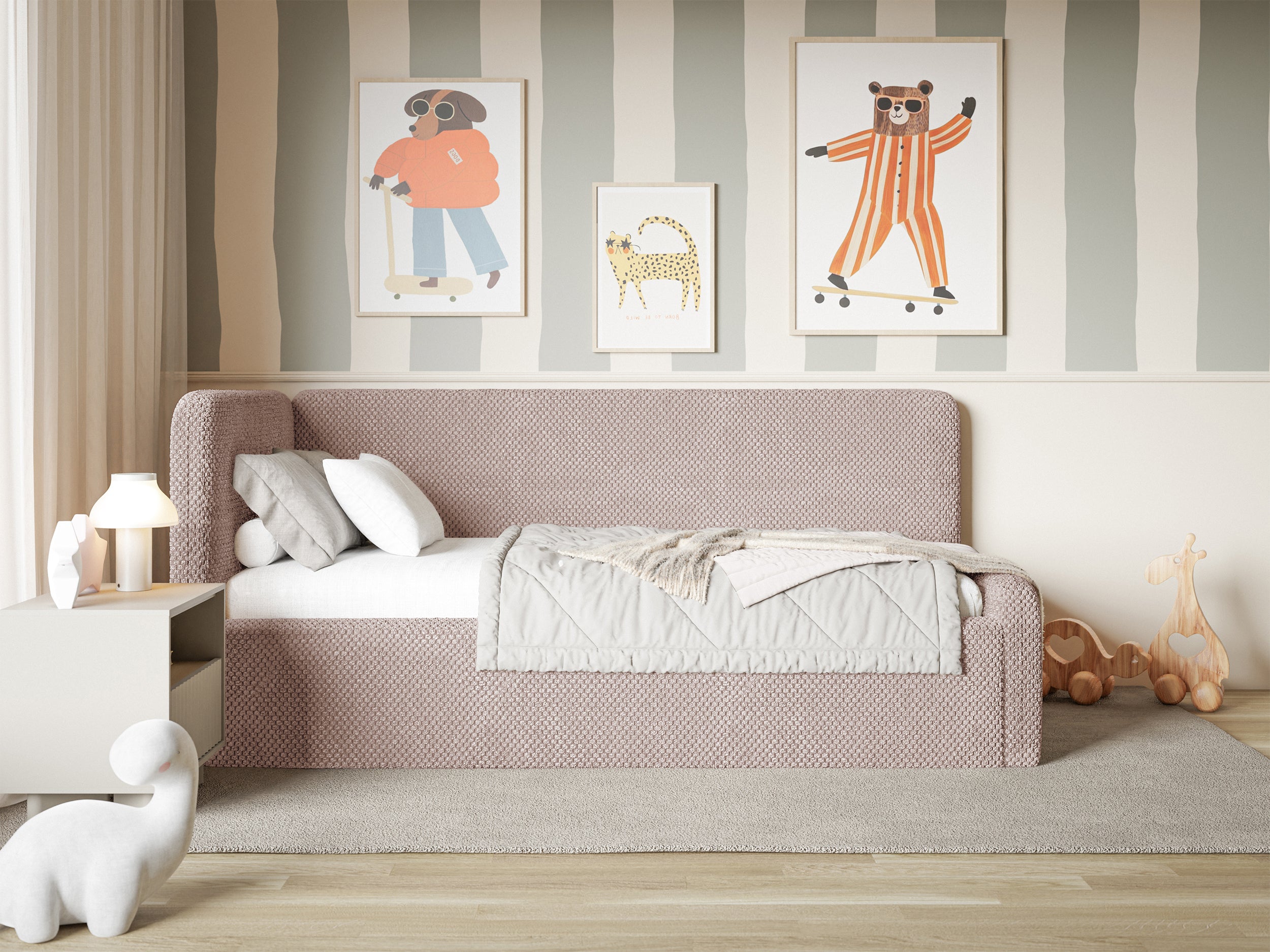 Jugendbett 120x200 cm Fanklo linksseitig mit Stauraum, puderrosa Plüsch, wasserabweisend