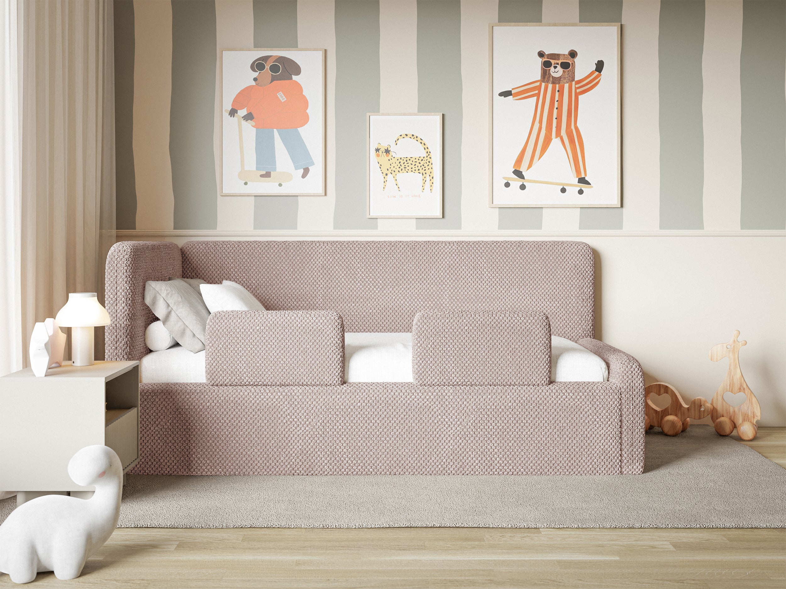 Jugendbett 120x200 cm Fanklo linksseitig mit Matratze, Stauraum und Schutzgittern, puderrosa Plüsch, wasserabweisend