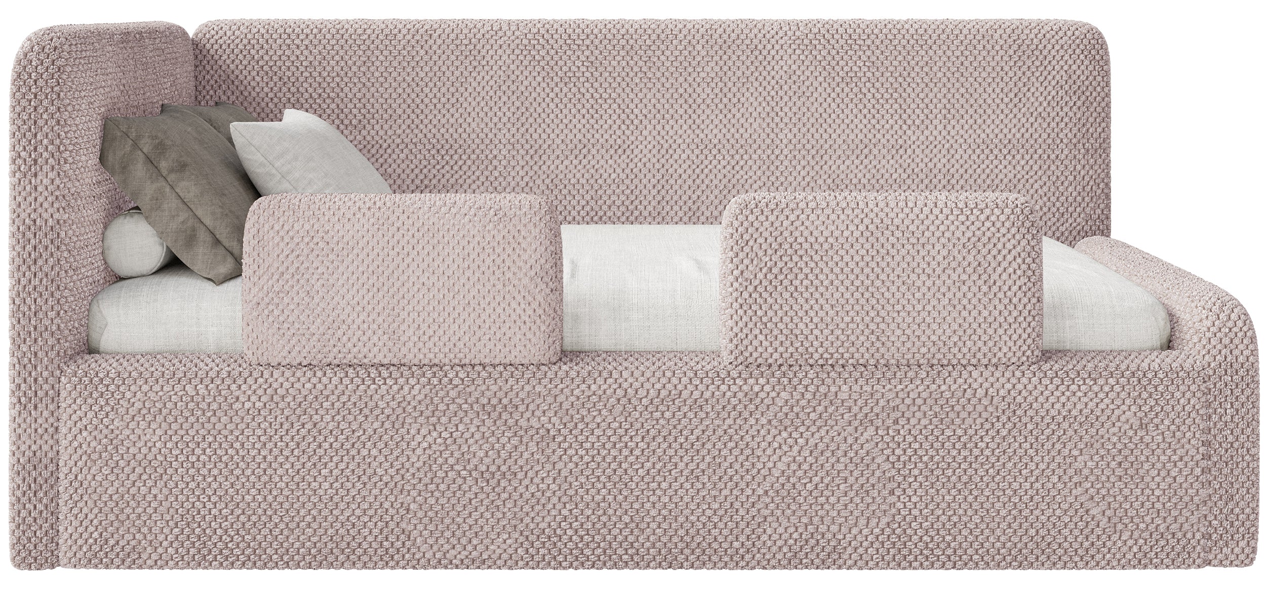 Jugendbett 90x200 cm Fanklo linksseitig mit Stauraum und Geländern, puderrosa Plüsch, wasserabweisend