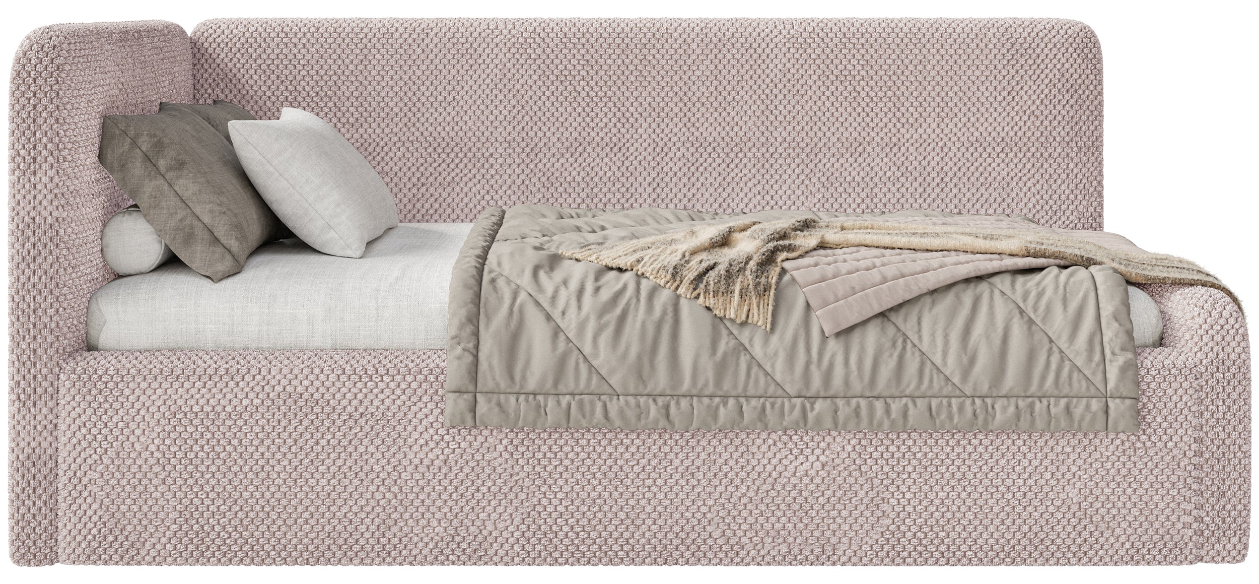 Jugendbett 120x200 cm Fanklo linksseitig mit Stauraum, puderrosa Plüsch, wasserabweisend