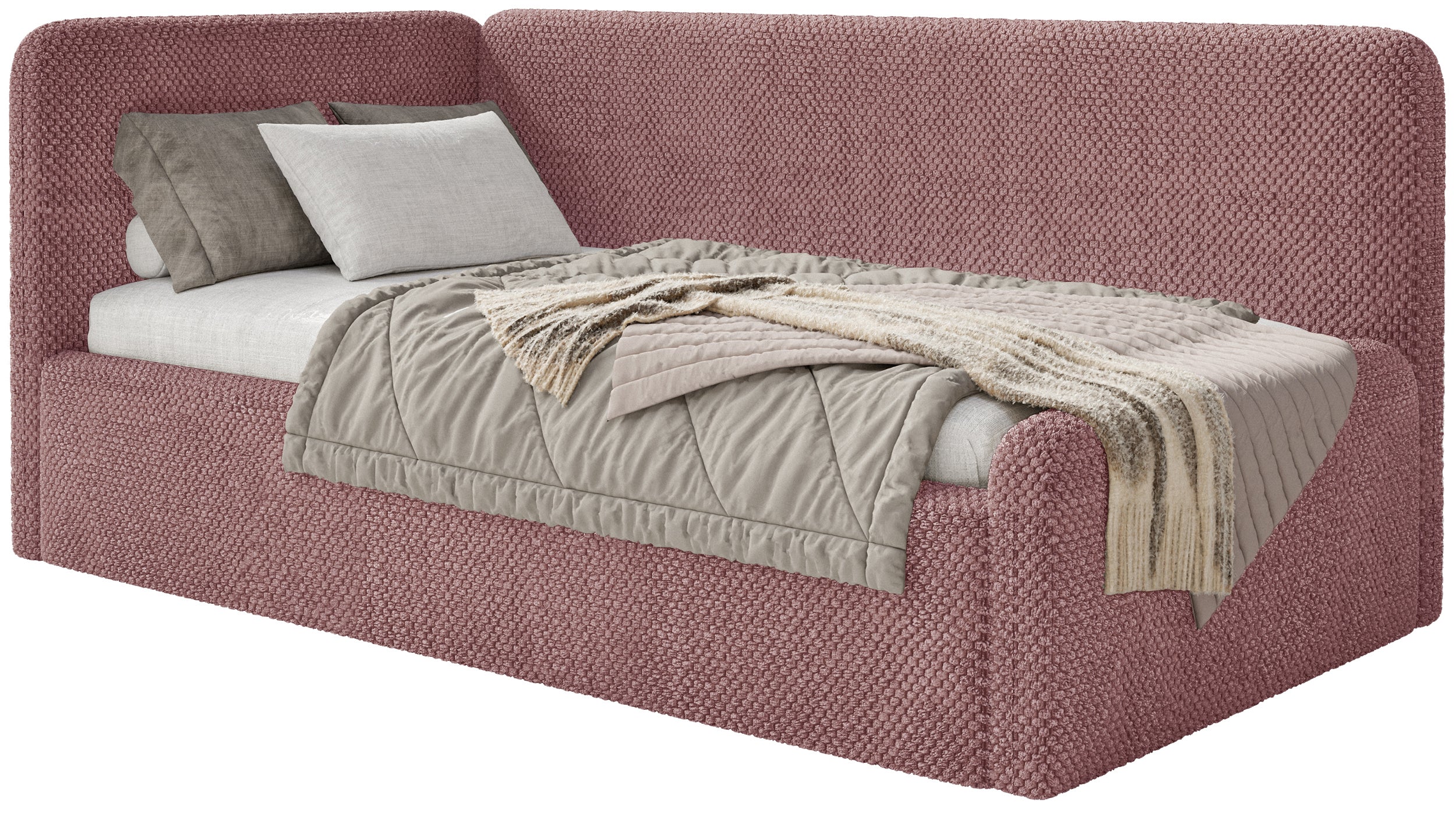 Jugendbett 120x200 cm Fanklo linksseitig mit Stauraum und Geländern, rosa Plüsch, wasserabweisend