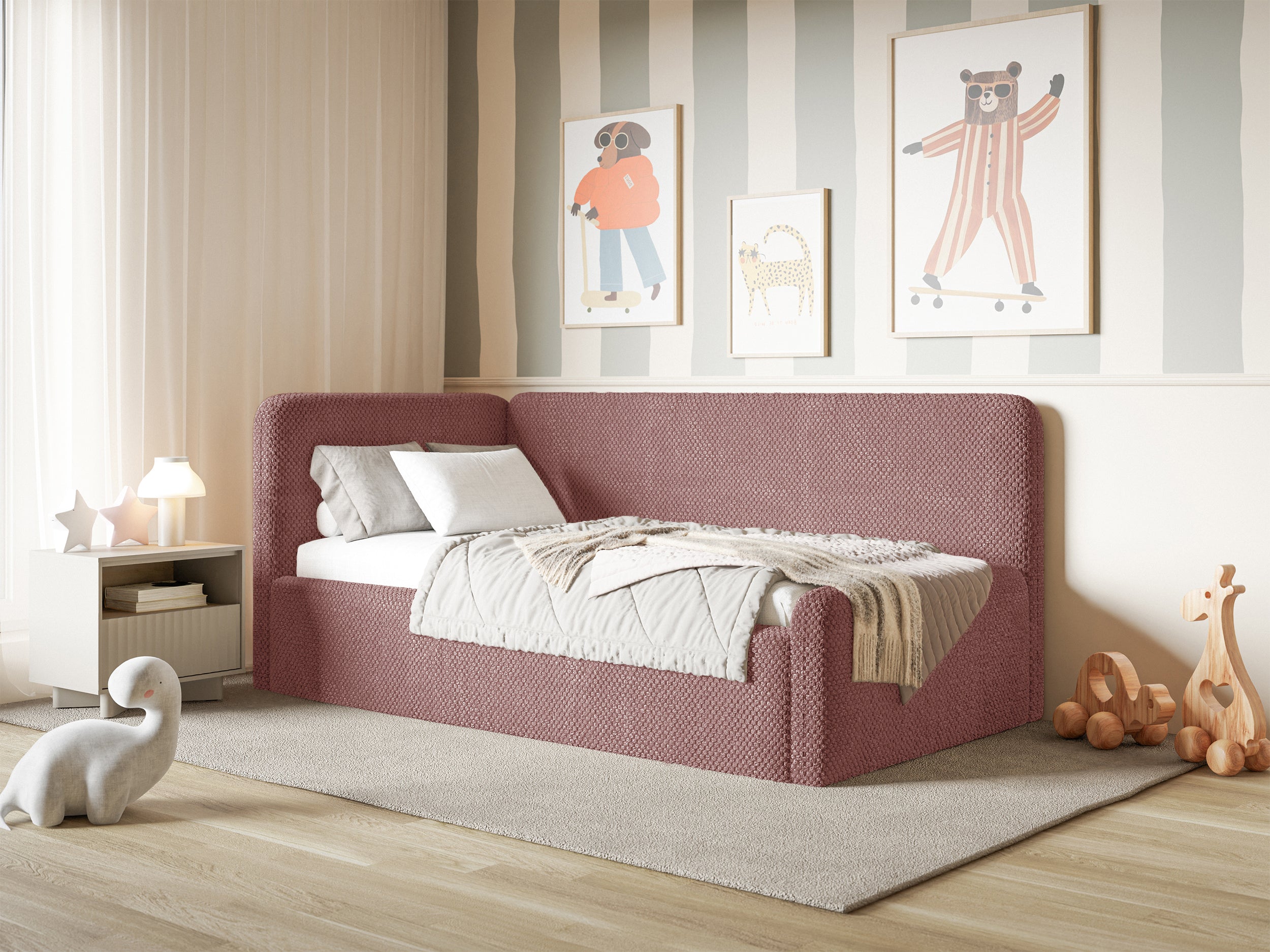 Jugendbett 120x200 cm Fanklo linksseitig mit Stauraum und Geländern, rosa Plüsch, wasserabweisend