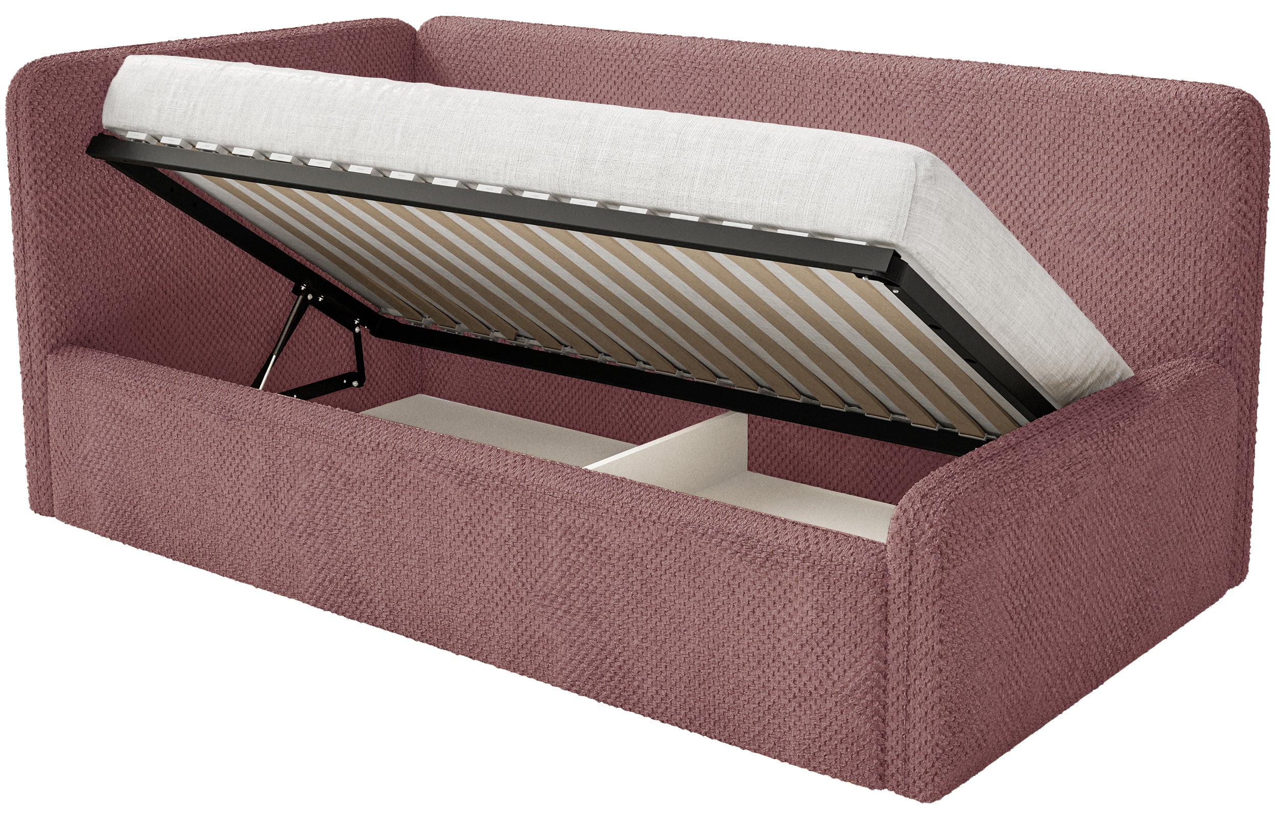 Jugendbett 90x200 cm Fanklo linksseitig mit Stauraum, rosa Plüsch, wasserabweisend
