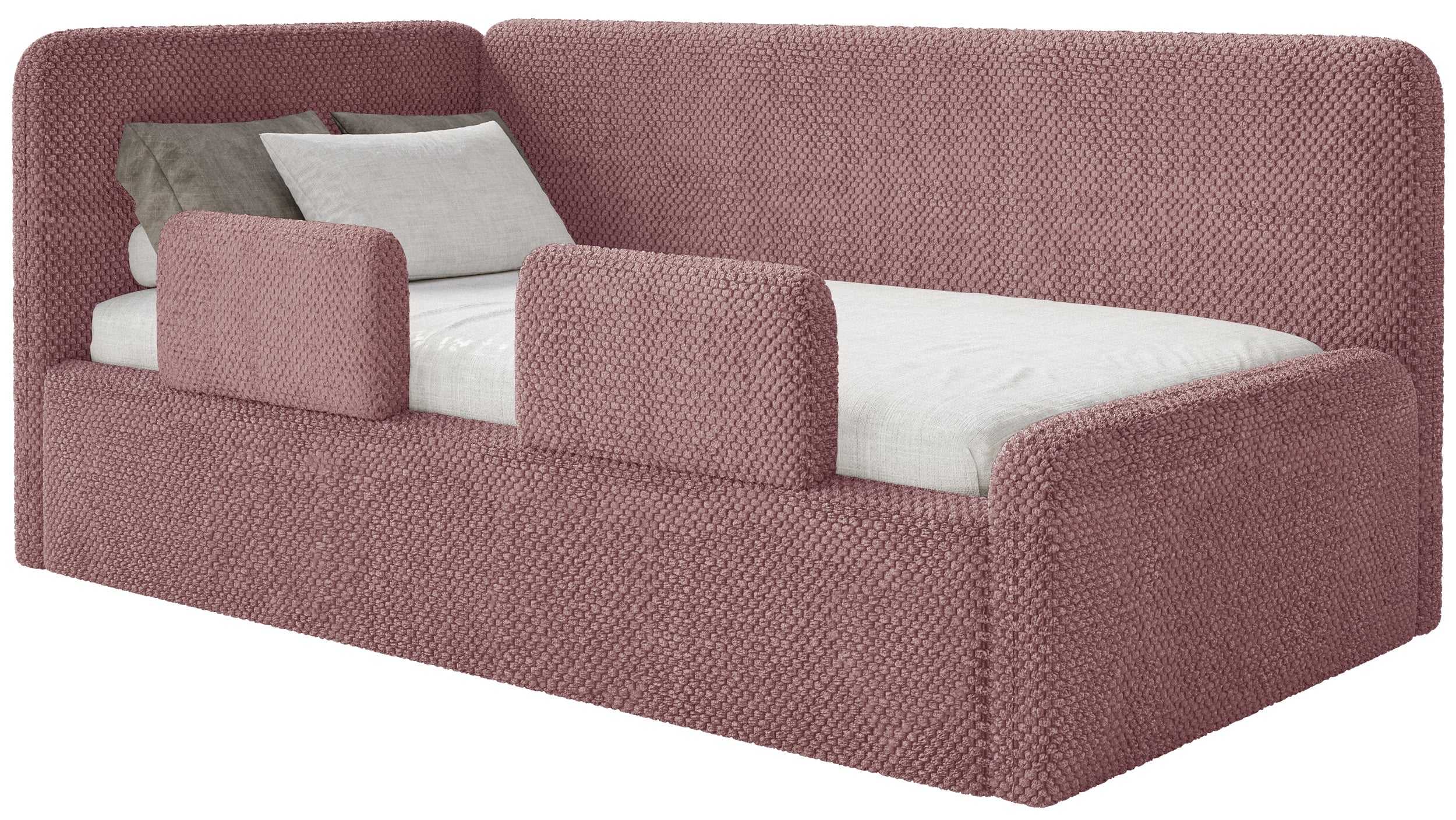 Jugendbett 120x200 cm Fanklo linksseitig mit Stauraum und Geländern, rosa Plüsch, wasserabweisend