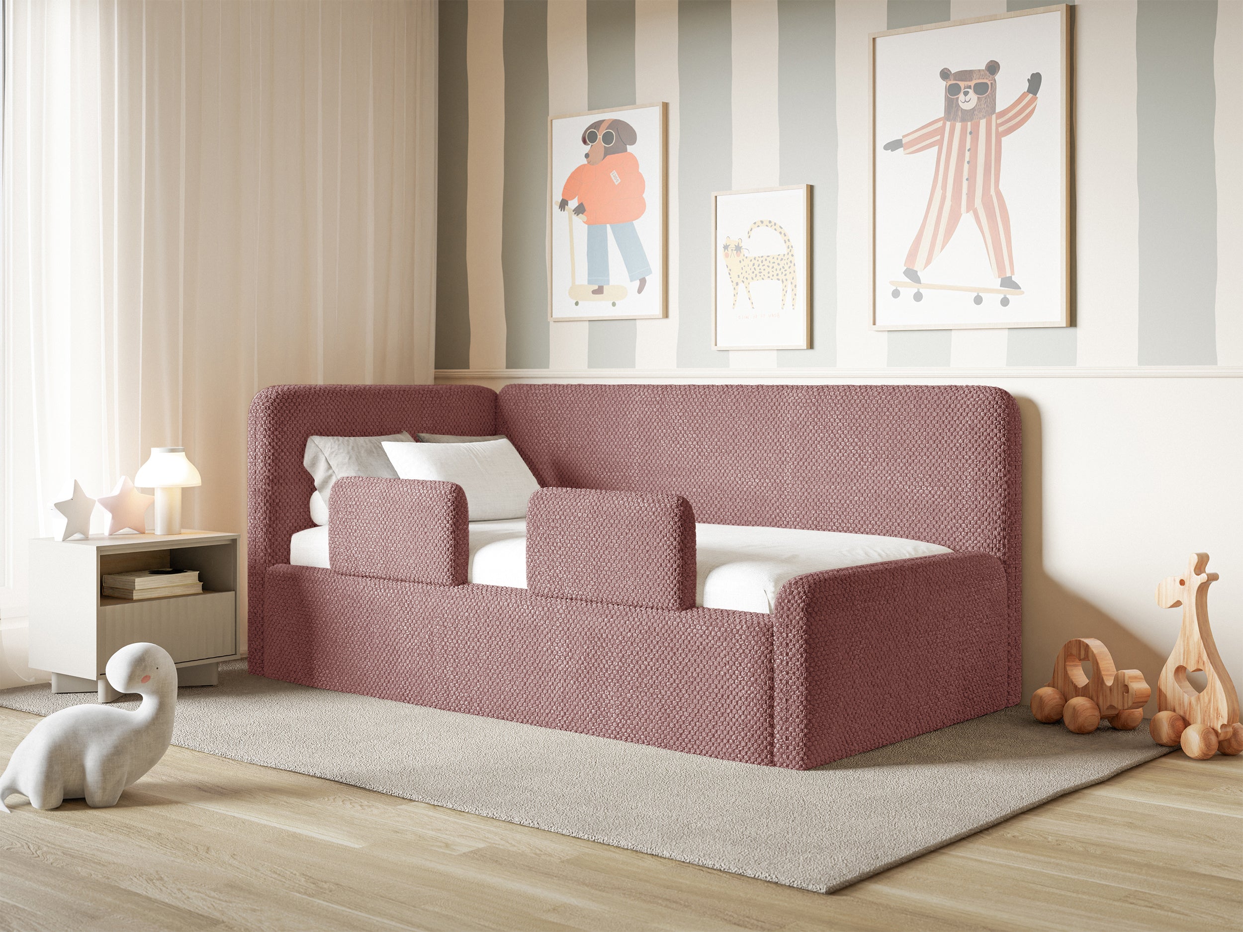 Jugendbett 120x200 cm Fanklo linksseitig mit Stauraum und Geländern, rosa Plüsch, wasserabweisend