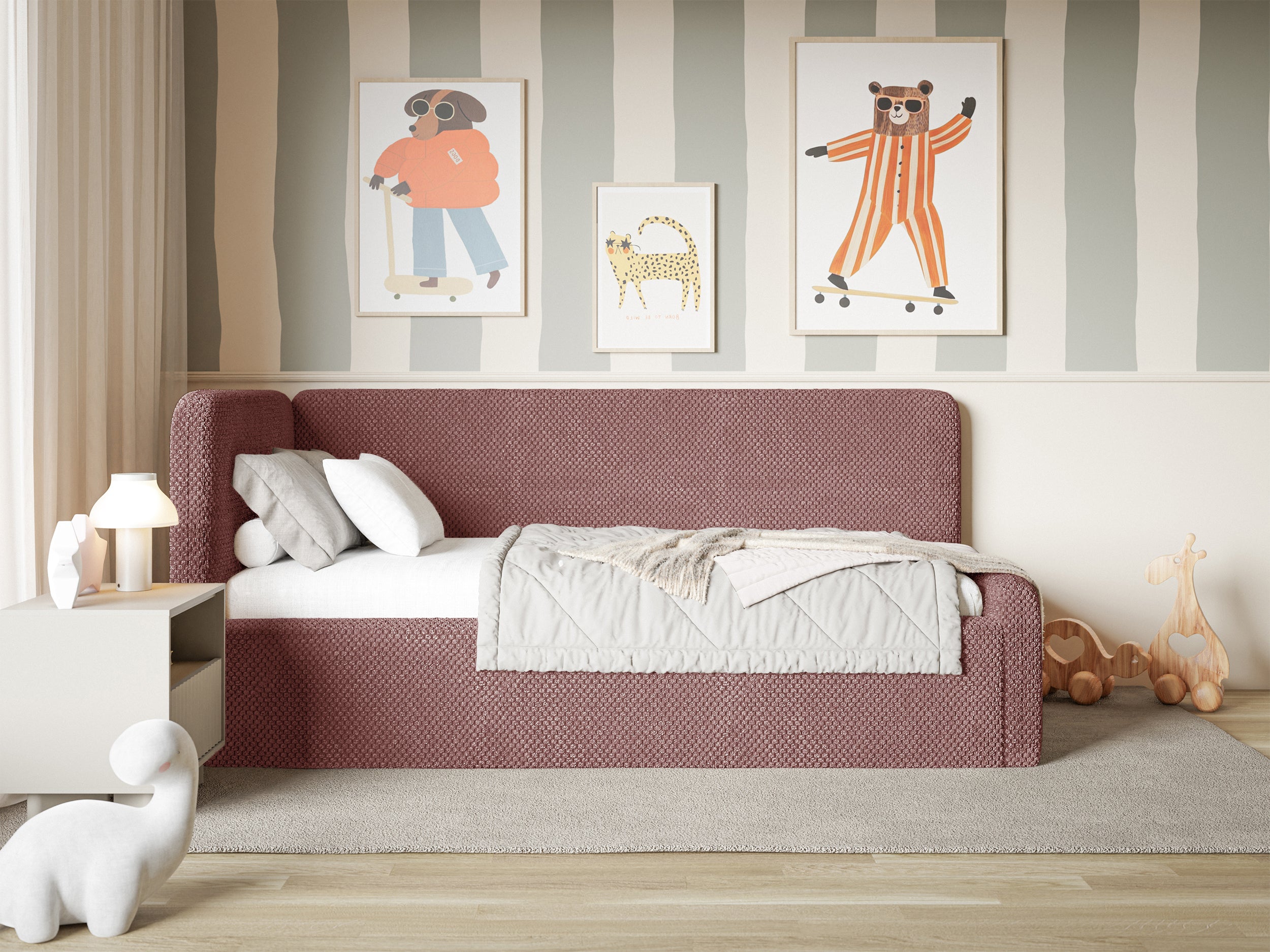 Jugendbett 120x200 cm Fanklo linksseitig mit Stauraum und Geländern, rosa Plüsch, wasserabweisend