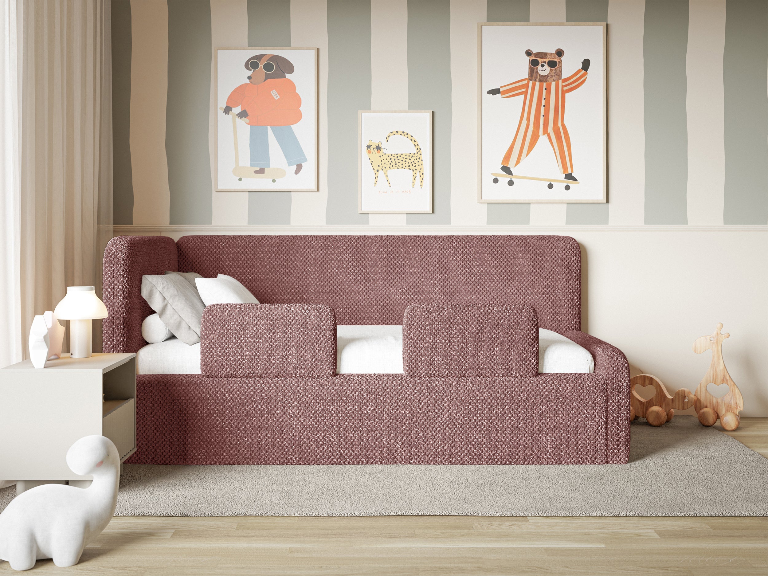 Jugendbett 120x200 cm Fanklo linksseitig mit Stauraum und Geländern, rosa Plüsch, wasserabweisend