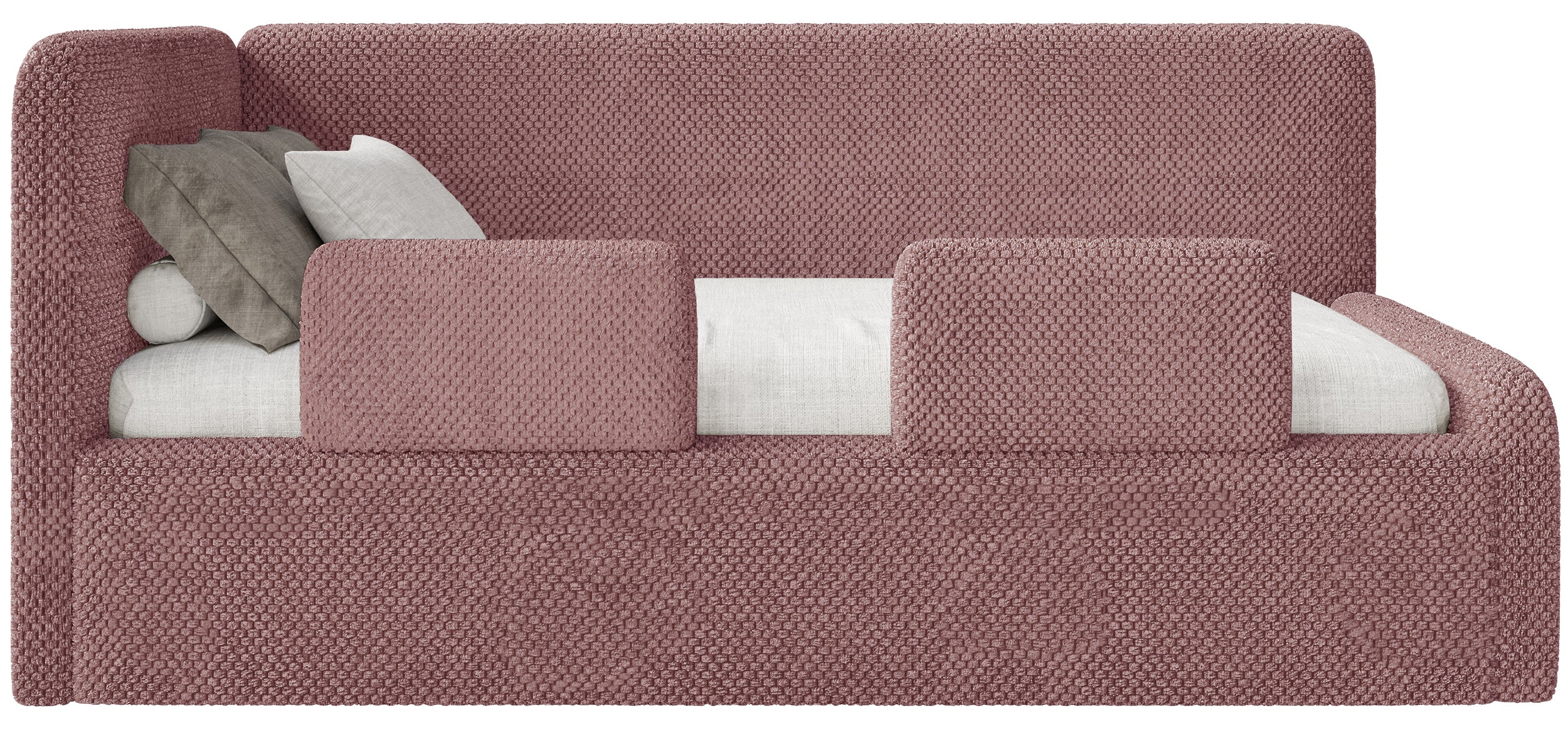 Jugendbett 120x200 cm Fanklo linksseitig mit Stauraum und Geländern, rosa Plüsch, wasserabweisend