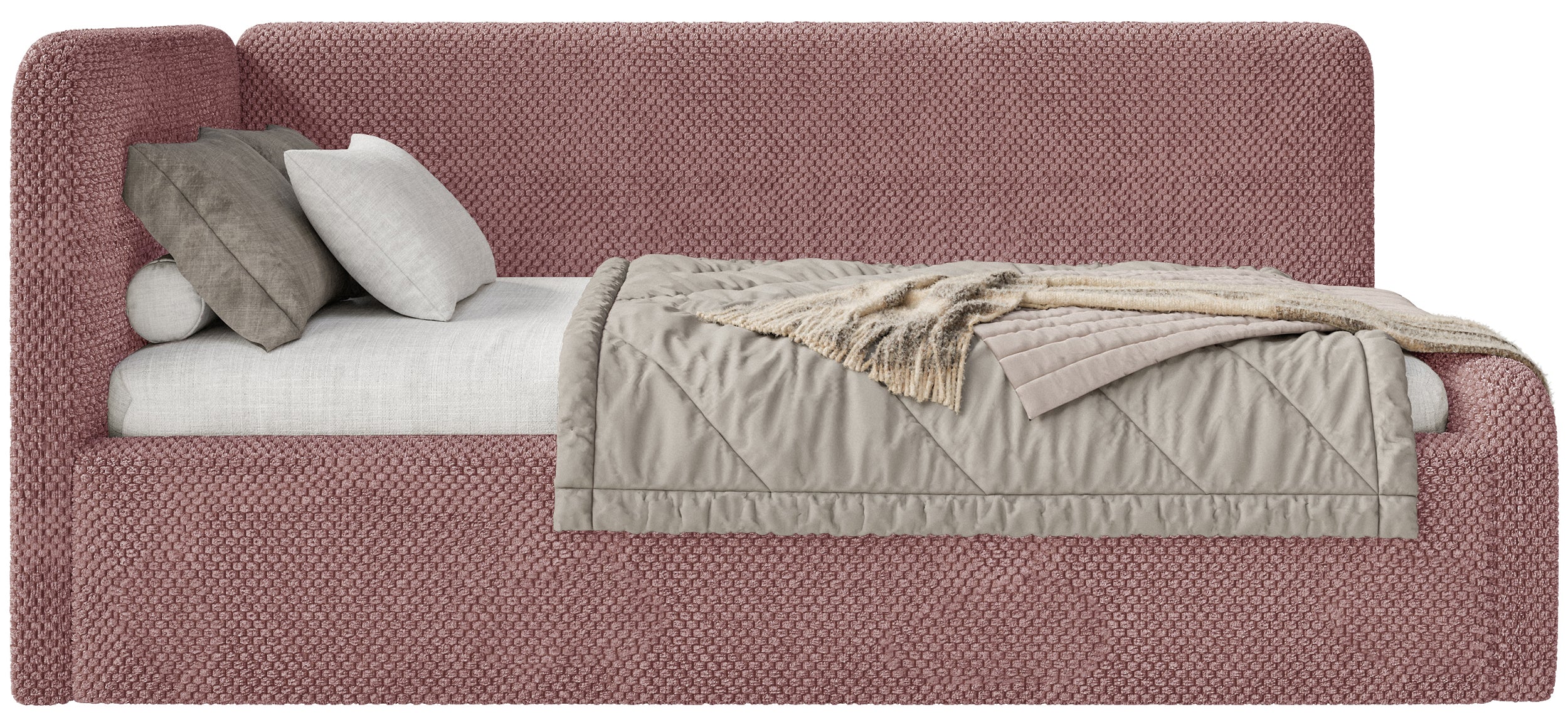 Jugendbett 120x200 cm Fanklo linksseitig mit Stauraum und Geländern, rosa Plüsch, wasserabweisend