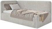 Jugendbett 90x200 cm Fanklo linksseitig mit Stauraum, grau-beiges Plüsch, wasserabweisend