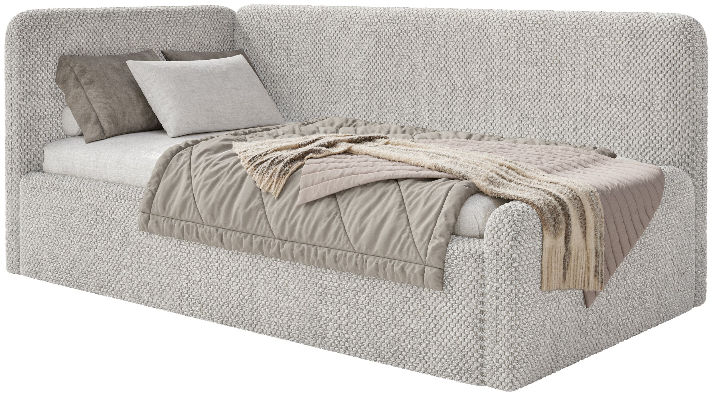 Jugendbett 90x200 cm Fanklo linksseitig mit Stauraum, grau-beiges Plüsch, wasserabweisend