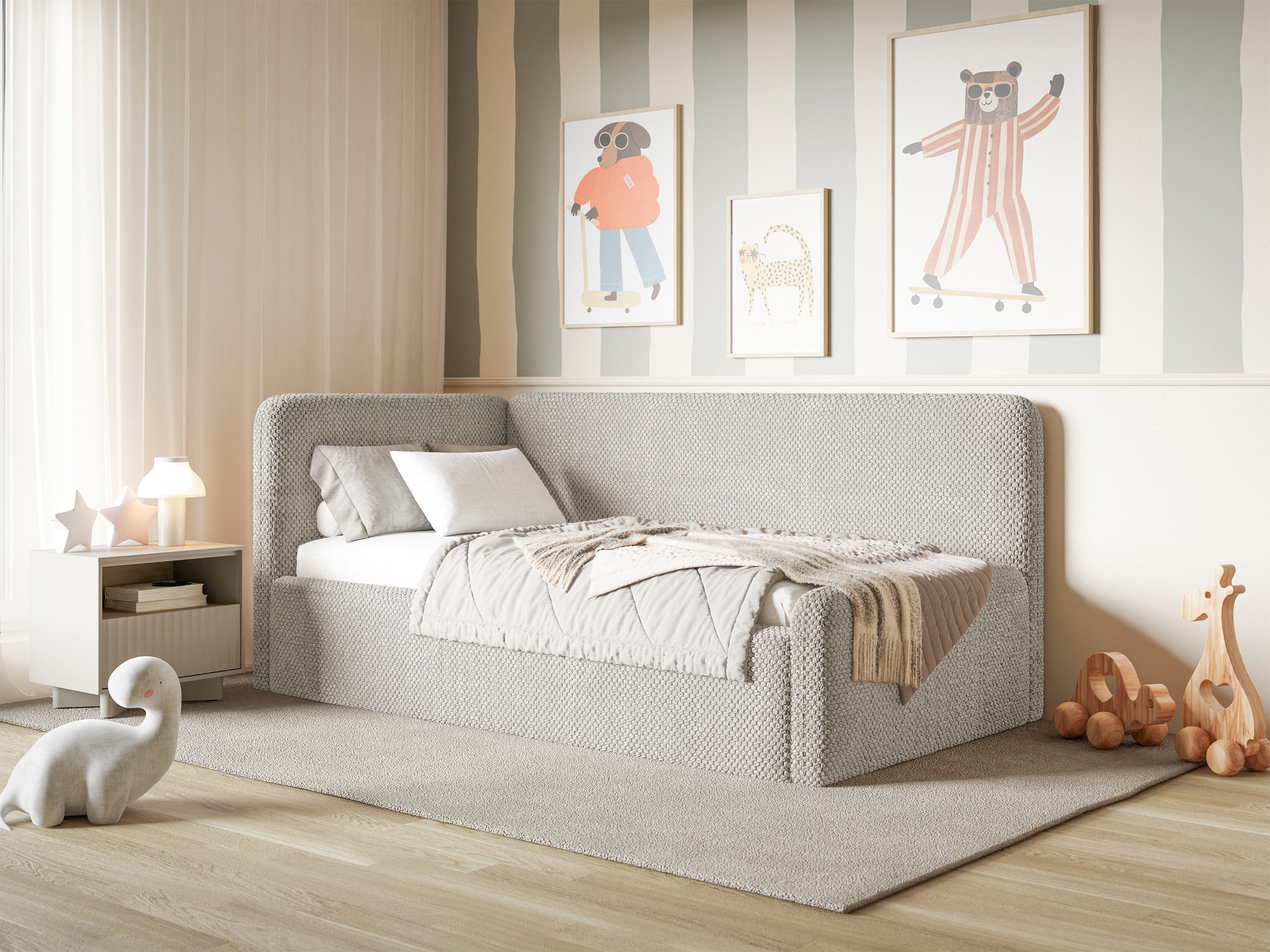 Jugendbett 120x200 cm Fanklo linksseitig mit Stauraum, hellbeige Plüsch, wasserabweisend