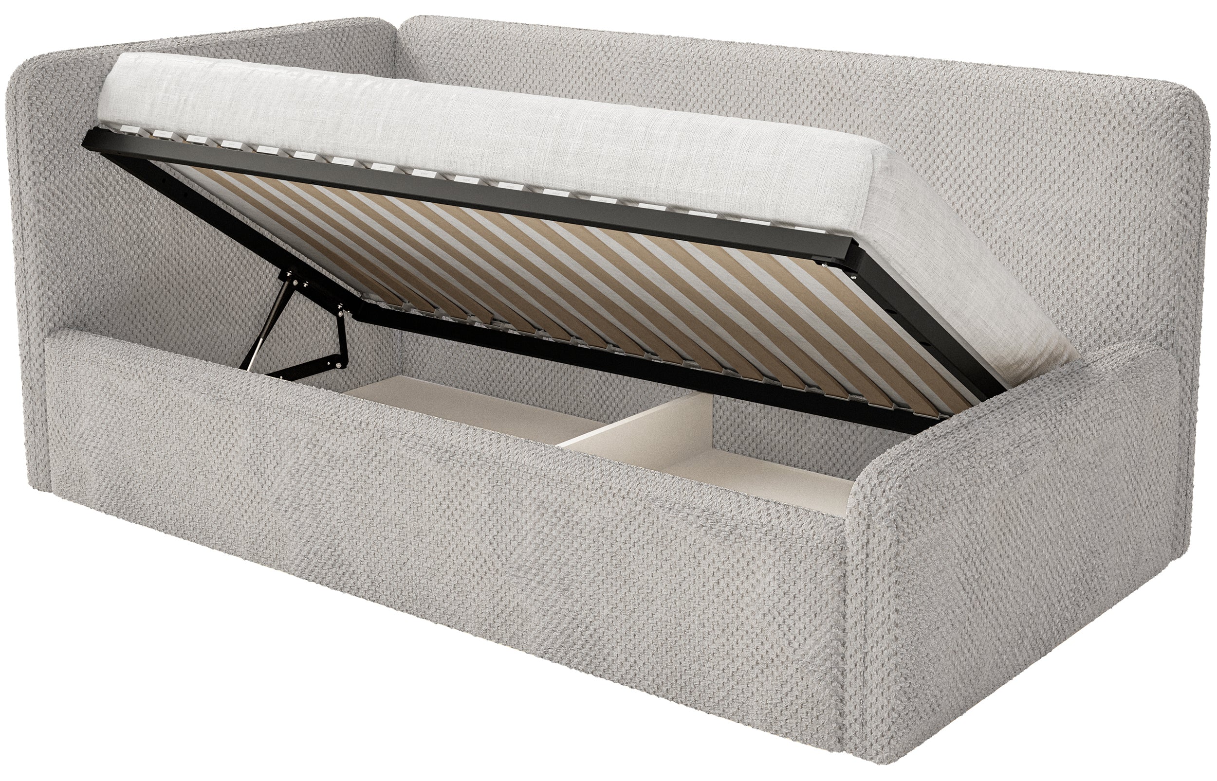 Jugendbett 90x200 cm Fanklo linksseitig mit Stauraum und Geländern, grau-beiges Plüsch, wasserabweisend