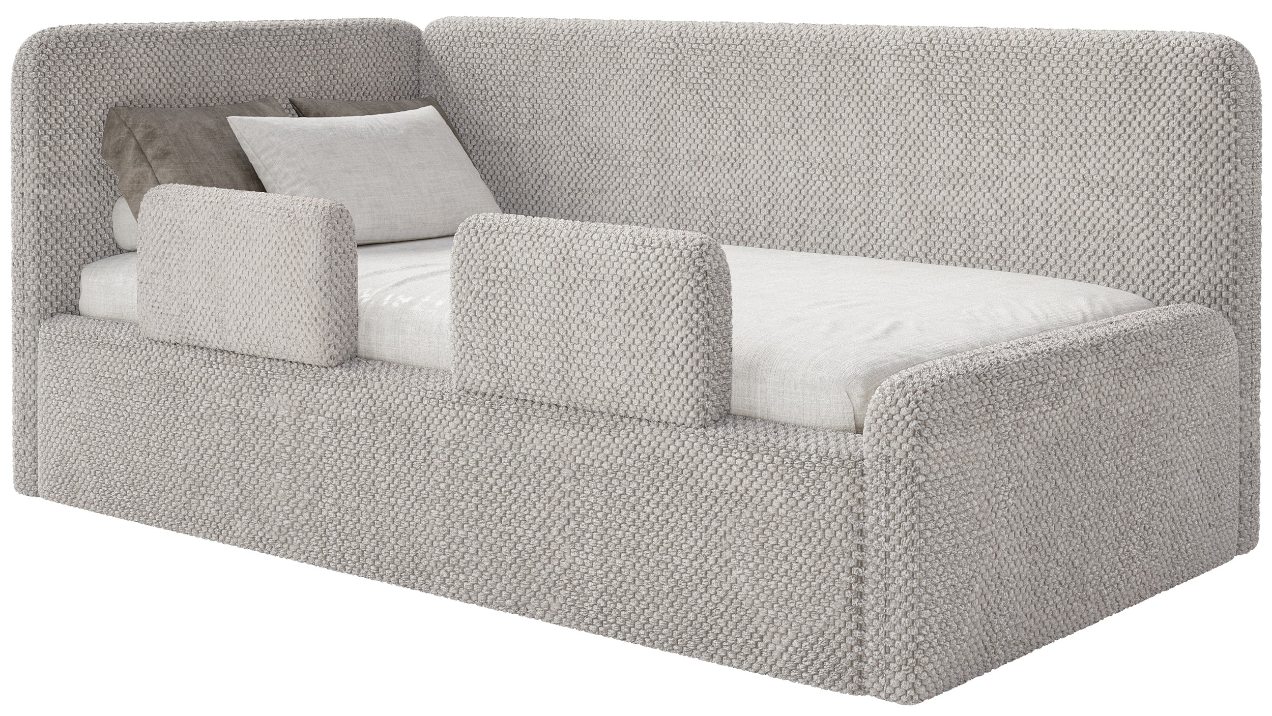 Jugendbett 90x200 cm Fanklo linksseitig mit Matratze, Stauraum und Geländern, grau-beige Plüsch, wasserabweisend