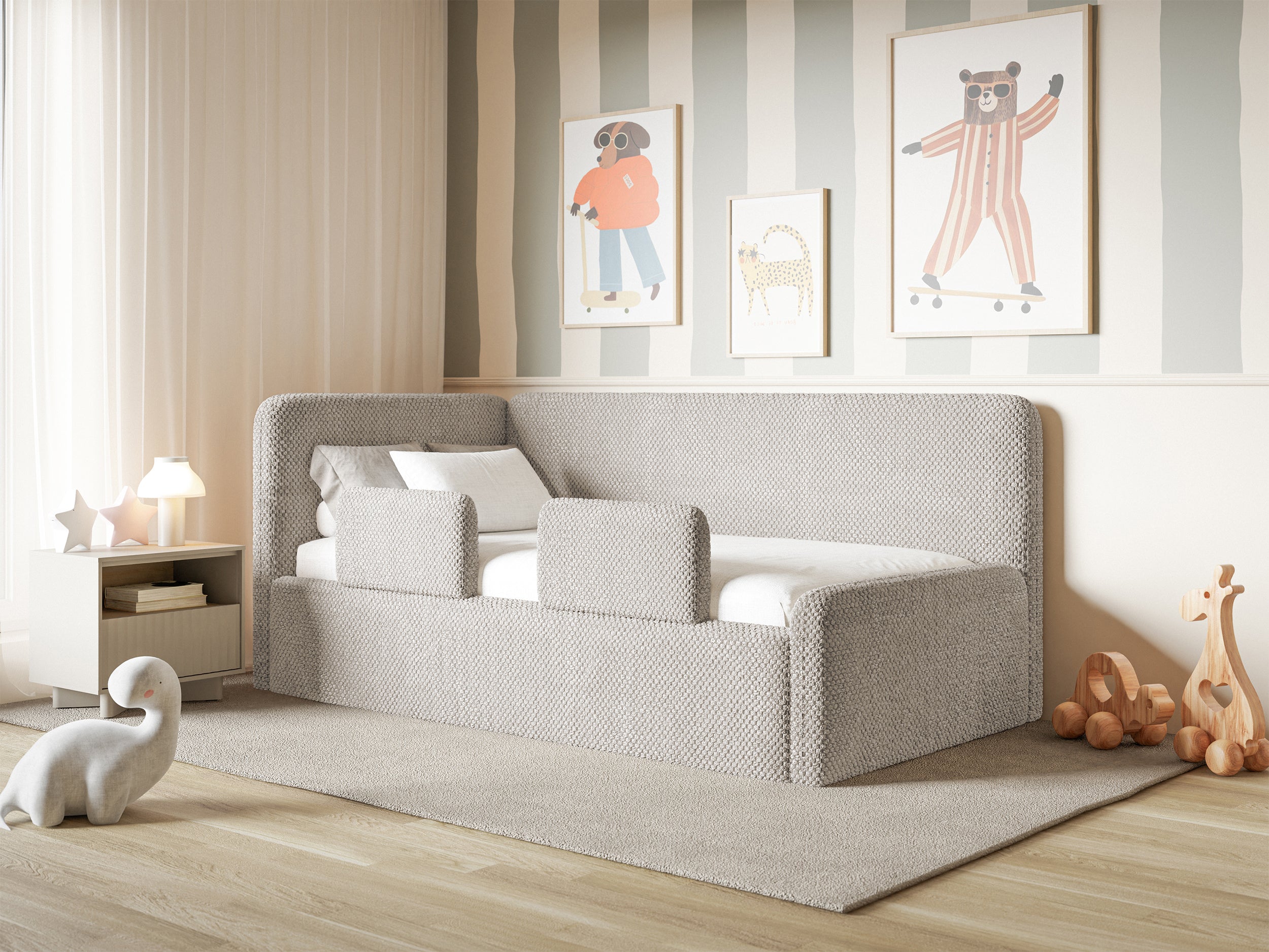 Jugendbett 120x200 cm Fanklo linksseitig mit Stauraum und Geländern, grau-beiges Plüsch, wasserabweisend