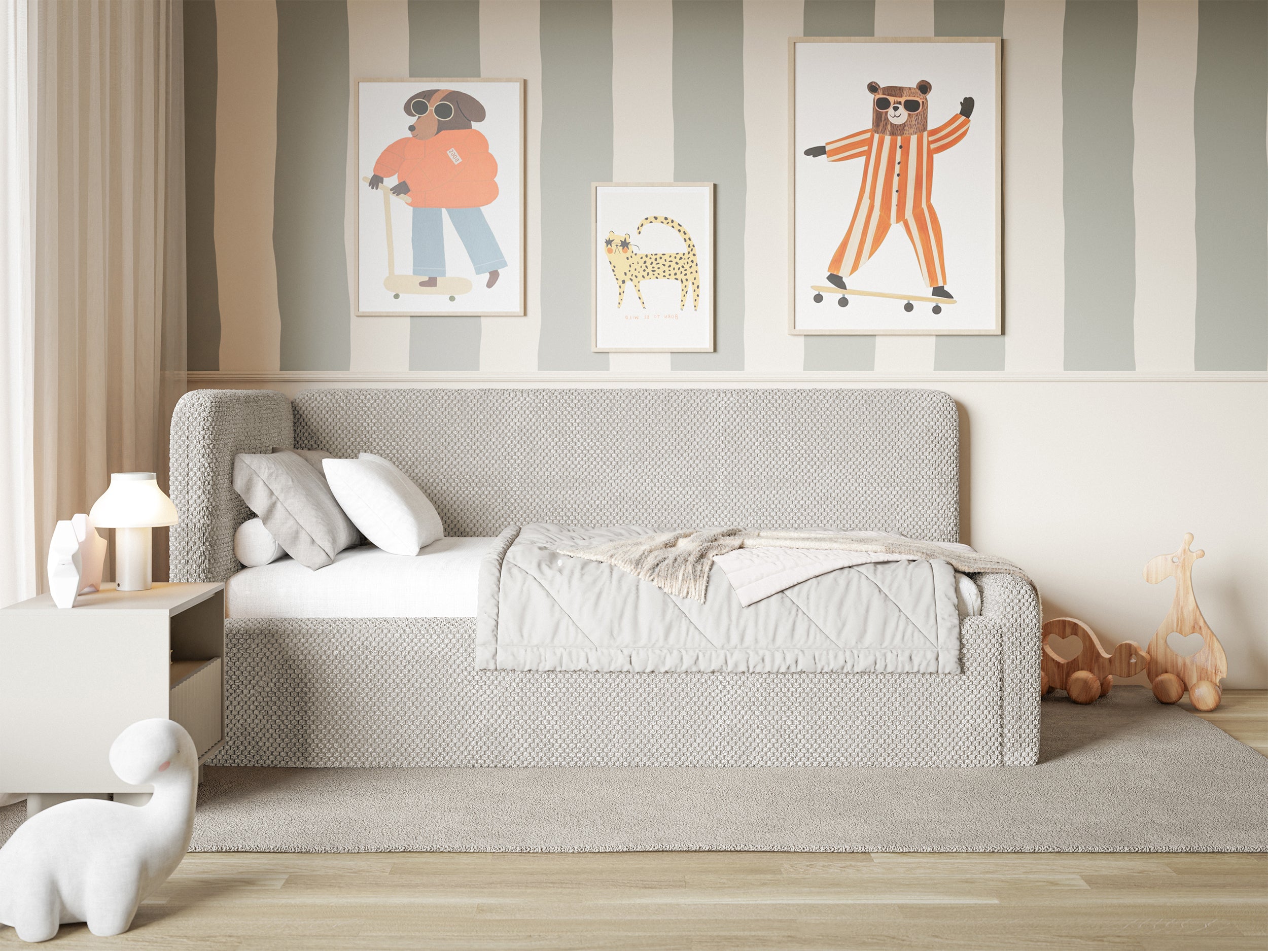 Jugendbett 90x200 cm Fanklo linksseitig mit Stauraum und Geländern, grau-beiges Plüsch, wasserabweisend