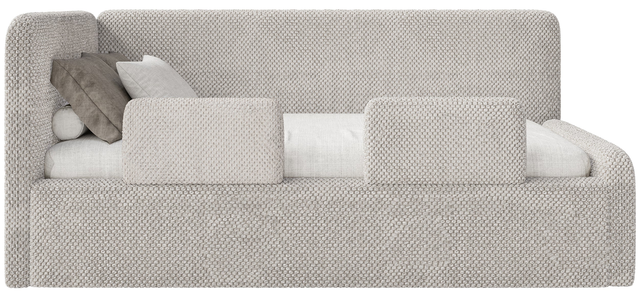 Jugendbett 90x200 cm Fanklo linksseitig mit Stauraum und Geländern, grau-beiges Plüsch, wasserabweisend