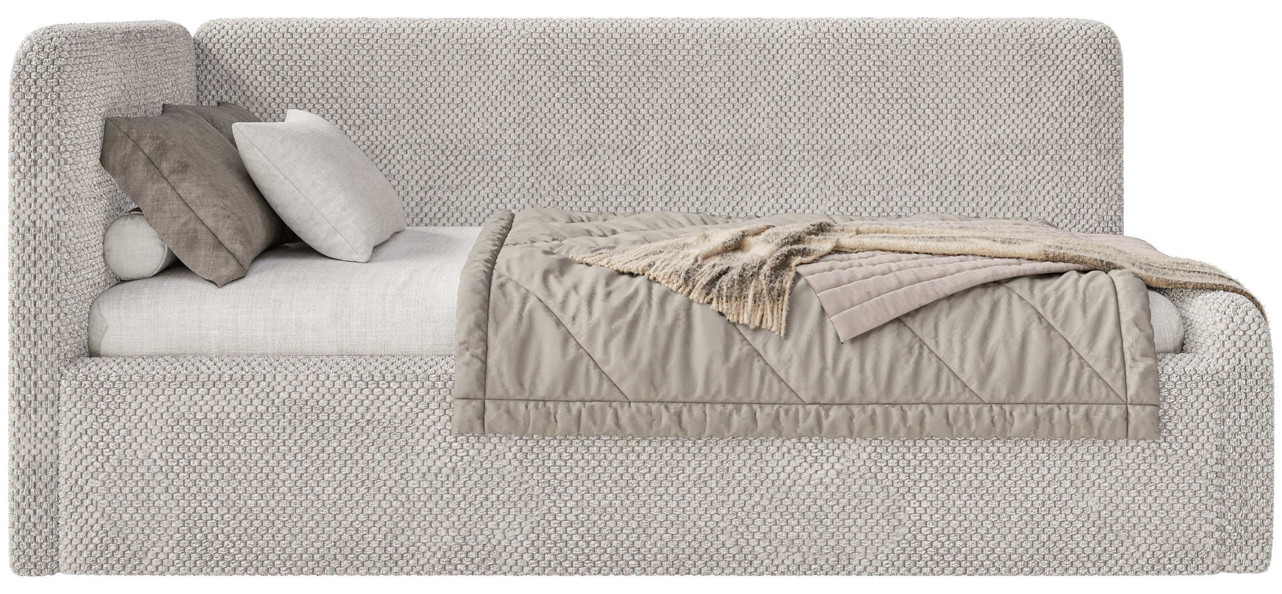 Jugendbett 90x200 cm Fanklo linksseitig mit Stauraum und Geländern, grau-beiges Plüsch, wasserabweisend