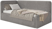 Jugendbett 120x200 cm Fanklo linksseitig mit Matratze und Stauraum, graubrauner hydrophober Plüsch