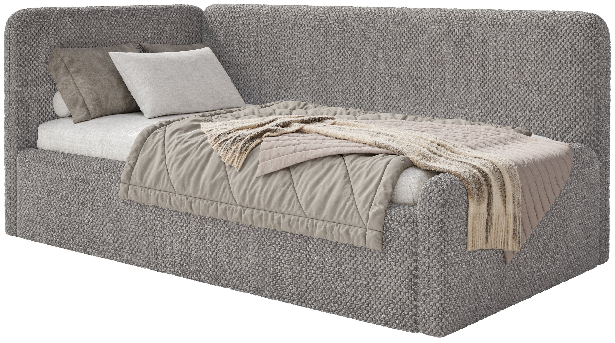 Jugendbett 120x200 cm Fanklo linksseitig mit Matratze und Stauraum, graubrauner hydrophober Plüsch