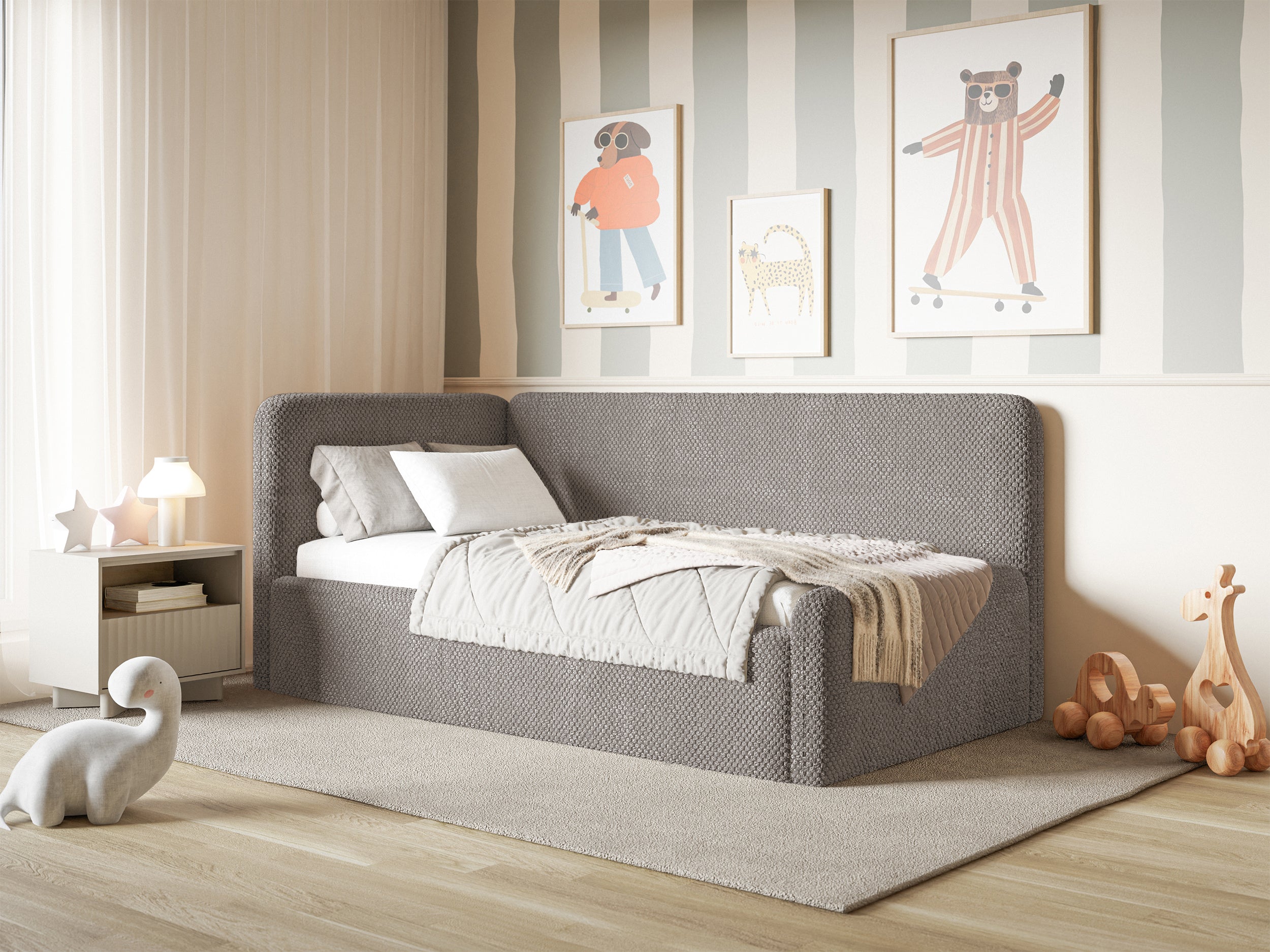 Jugendbett 120x200 cm Fanklo linksseitig mit Matratze und Stauraum, graubrauner hydrophober Plüsch