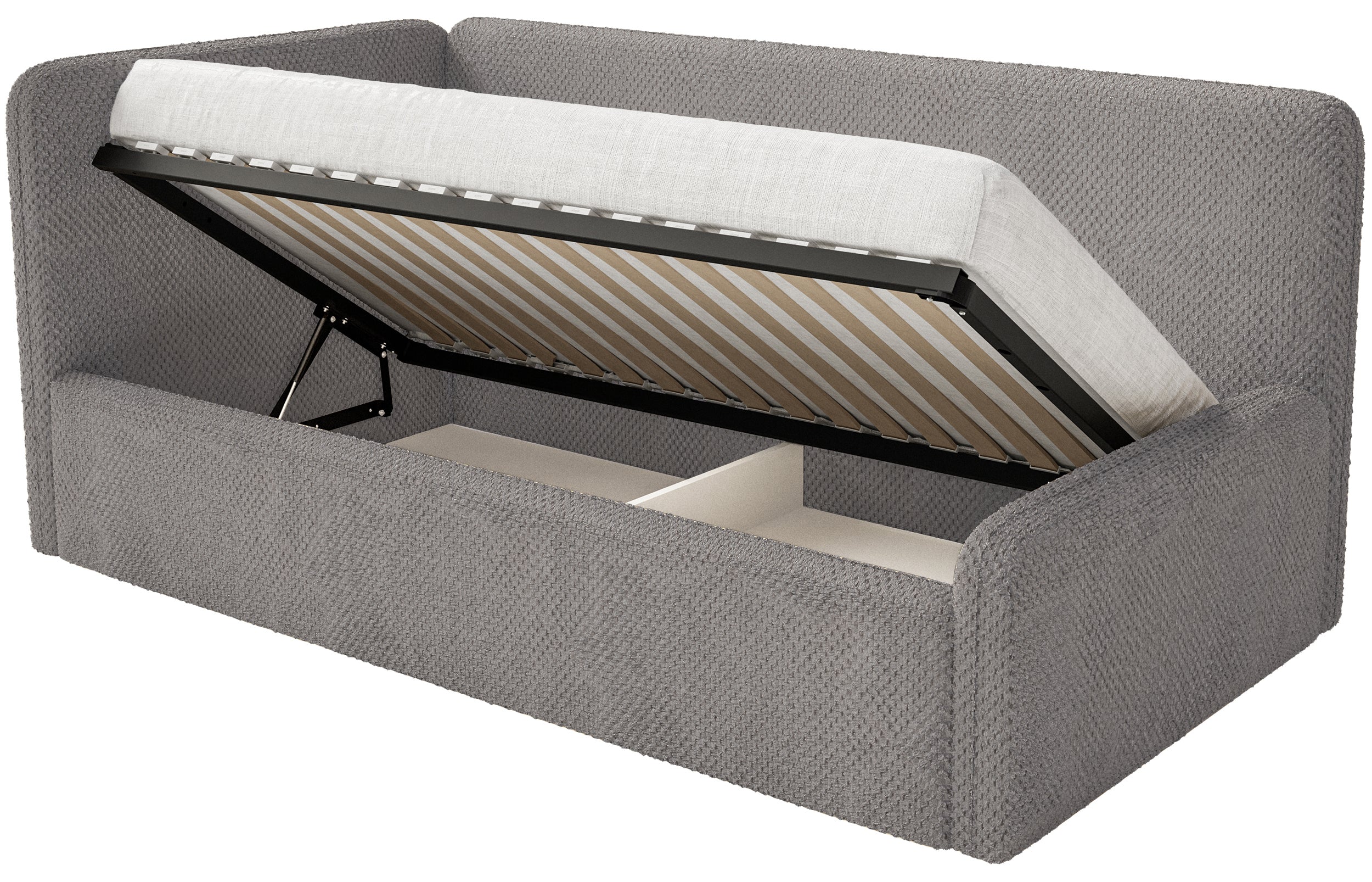 Jugendbett 90x200 cm Fanklo linksseitig mit Stauraum, graubraunes Plüsch, wasserabweisend
