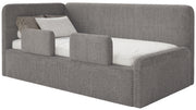 Jugendbett 90x200 cm Fanklo linksseitig mit Stauraum und Geländern, grau-brauner Plüsch, wasserabweisend