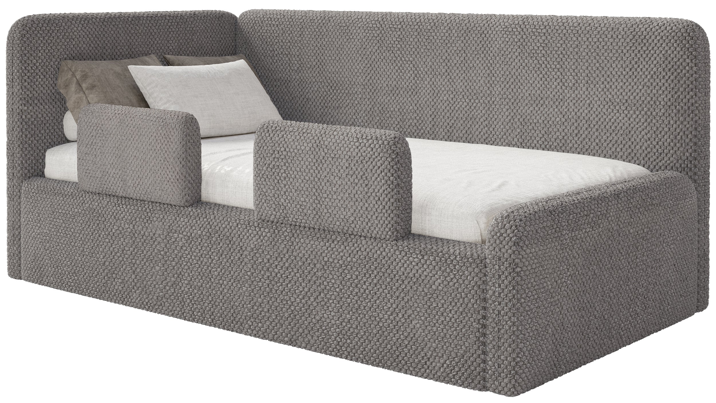 Jugendbett 120x200 cm Fanklo linksseitig mit Stauraum und Schutzgittern, graubrauner hydrophober Plüsch
