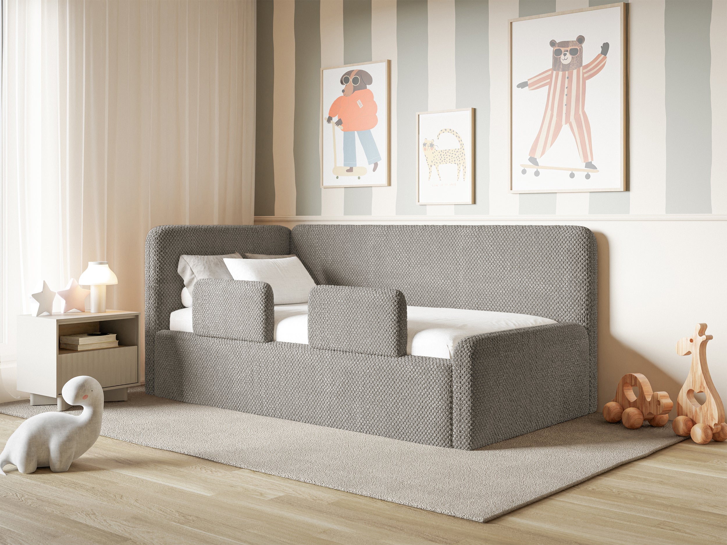 Jugendbett 120x200 cm Fanklo linksseitig mit Stauraum und Schutzgittern, graubrauner hydrophober Plüsch