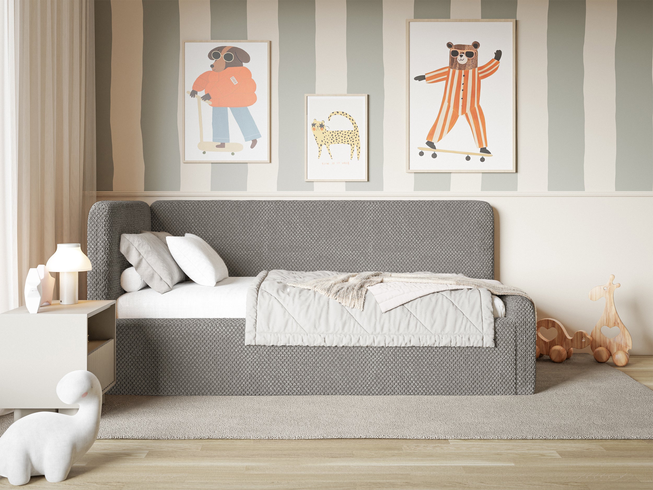 Jugendbett 120x200 cm Fanklo linksseitig mit Matratze und Stauraum, graubrauner hydrophober Plüsch
