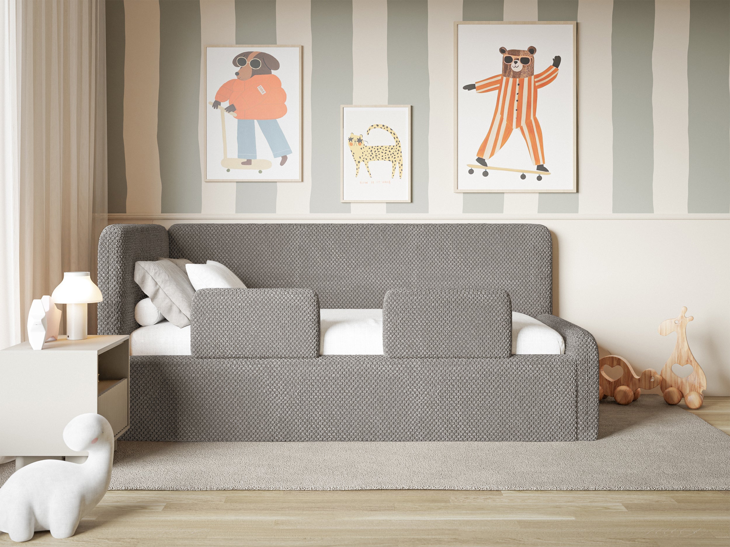 Jugendbett 120x200 cm Fanklo linksseitig mit Stauraum und Schutzgittern, graubrauner hydrophober Plüsch