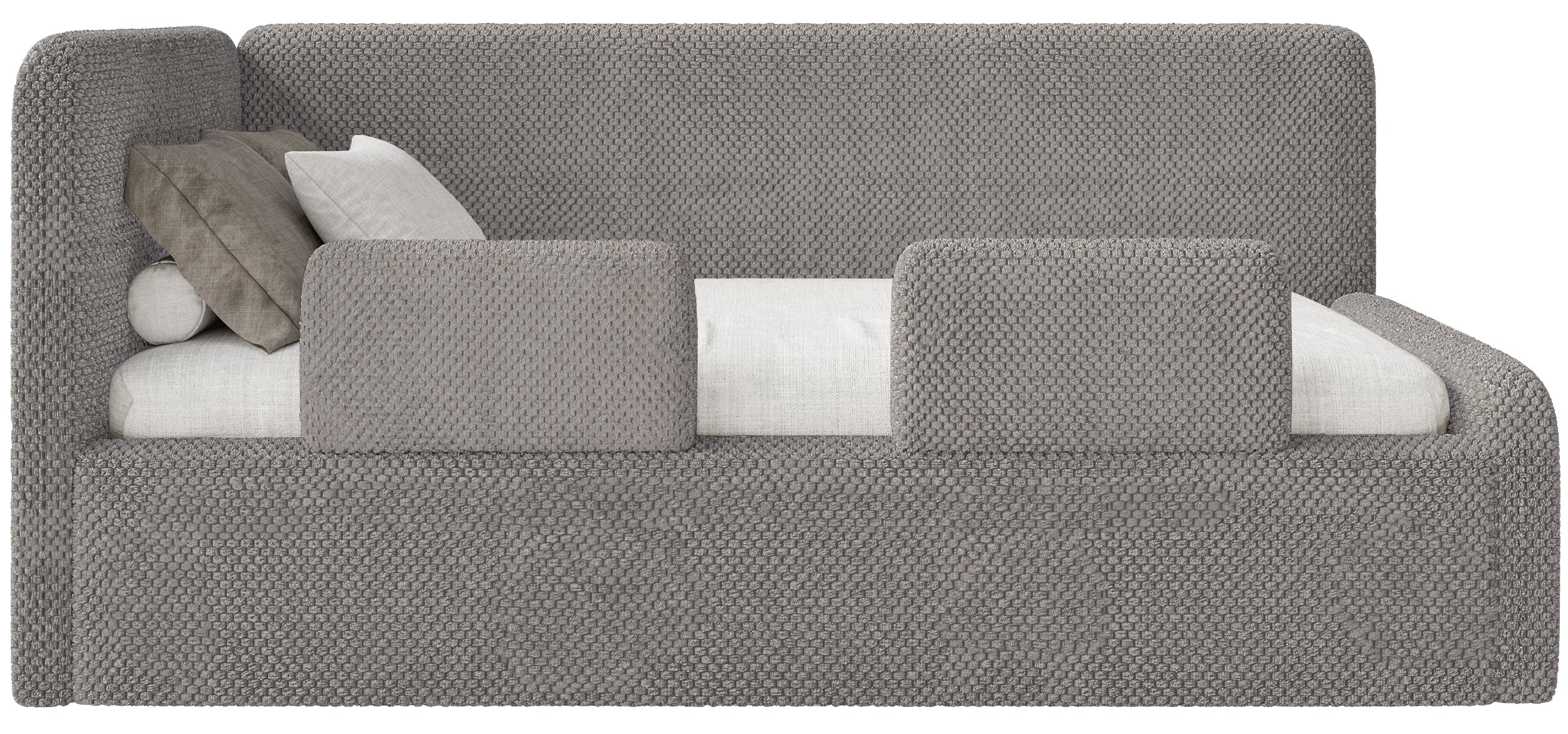 Jugendbett 120x200 cm Fanklo linksseitig mit Stauraum und Schutzgittern, graubrauner hydrophober Plüsch