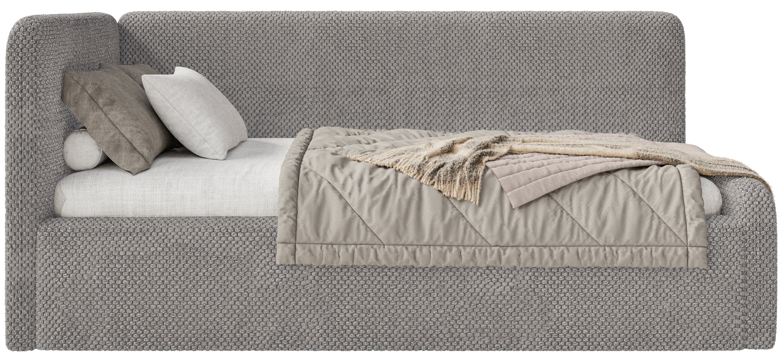 Jugendbett 120x200 cm Fanklo linksseitig mit Matratze und Stauraum, graubrauner hydrophober Plüsch