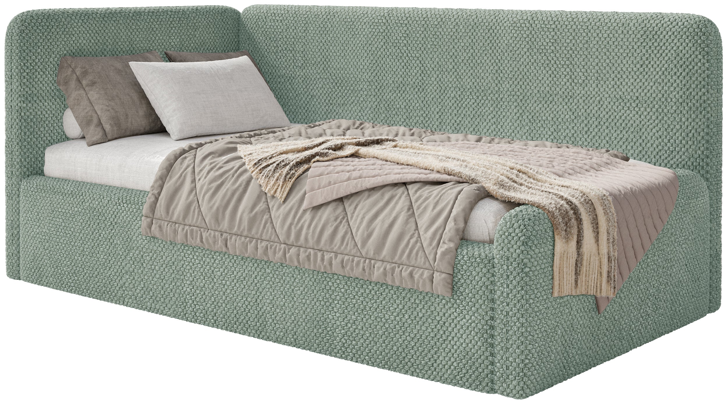 Jugendbett 90x200 cm Fanklo linksseitig mit Stauraum, salbeigrüner, wasserabweisender Plüsch