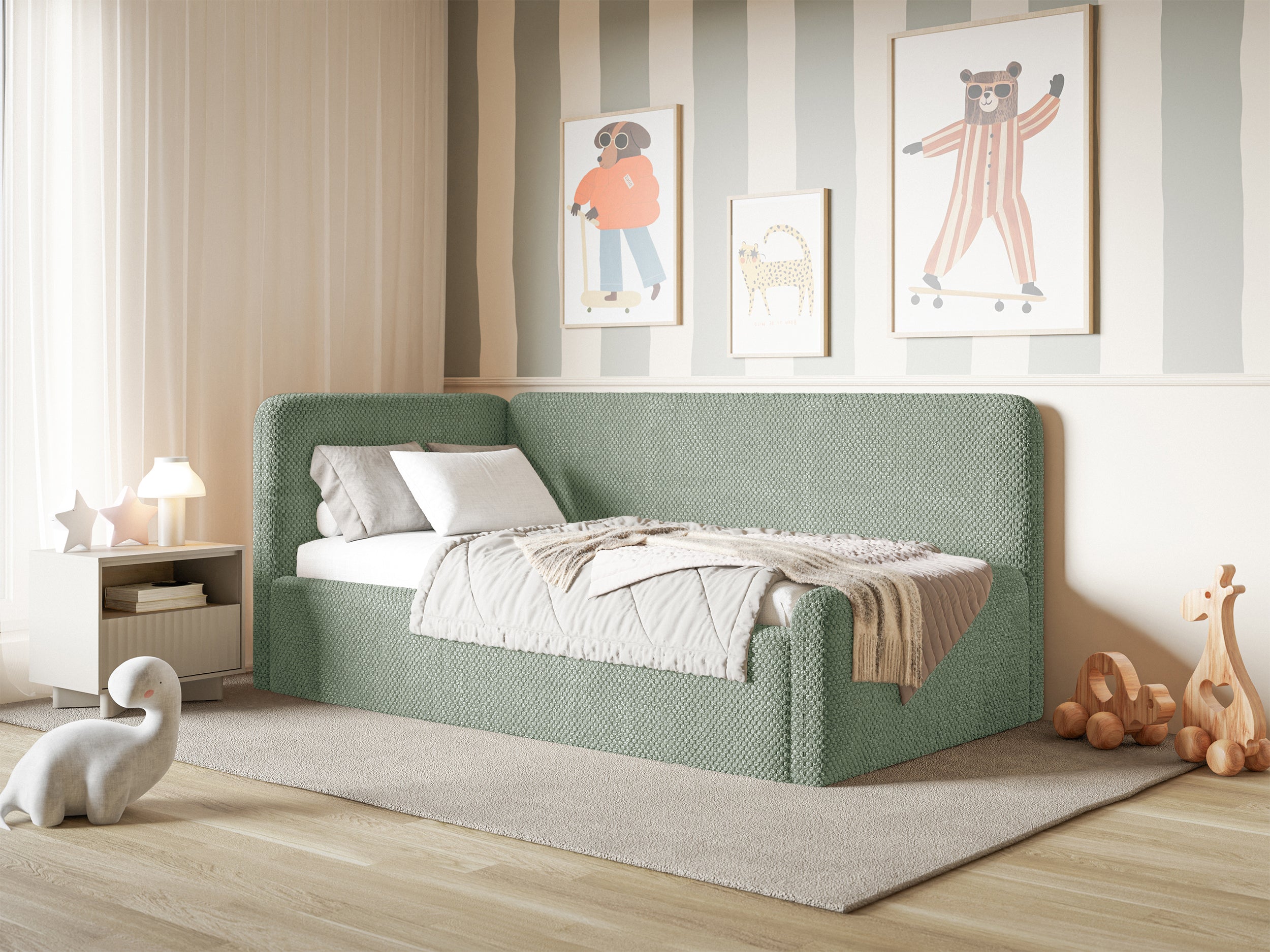 Jugendbett 120x200 cm Fanklo linksseitig mit Stauraum, salbeigrüner Plüsch, wasserabweisend