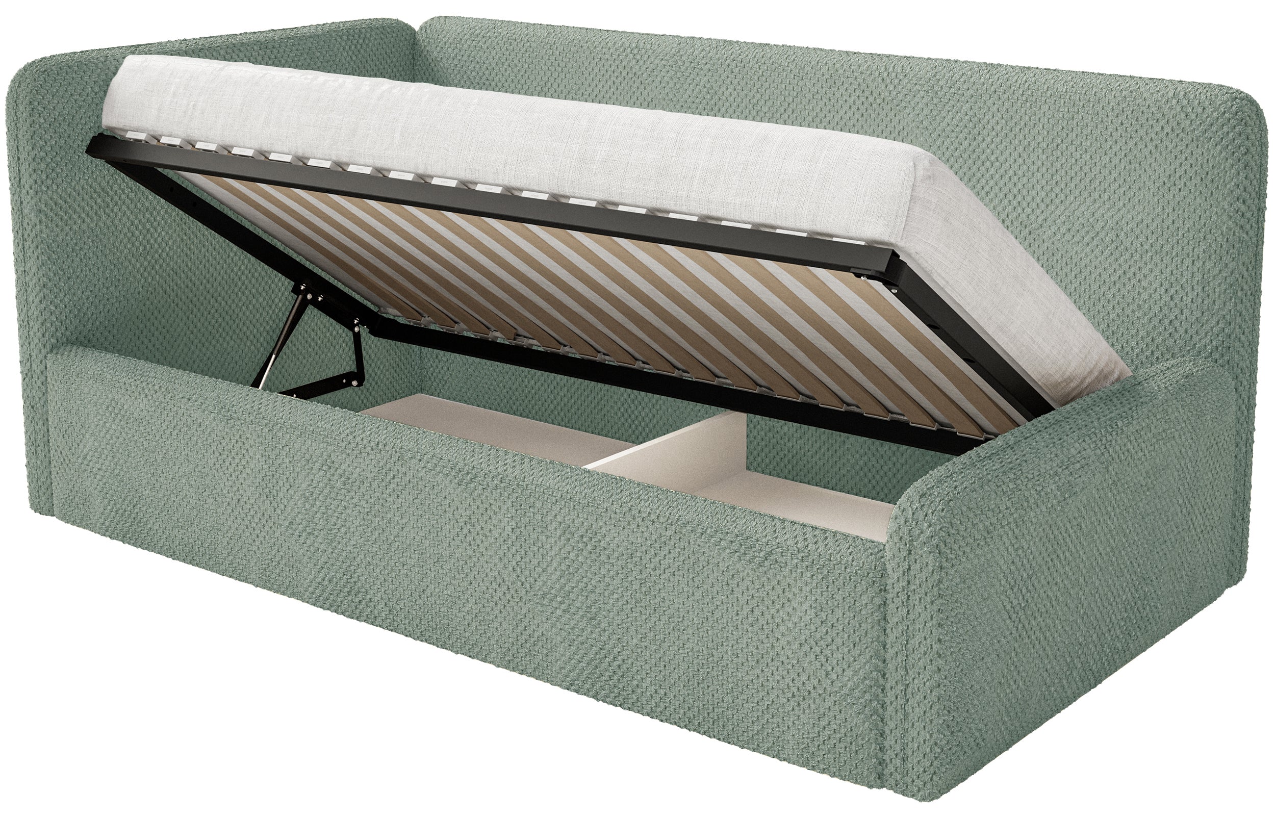 Jugendbett 90x200 cm Fanklo linksseitig mit Stauraum, salbeigrüner, wasserabweisender Plüsch