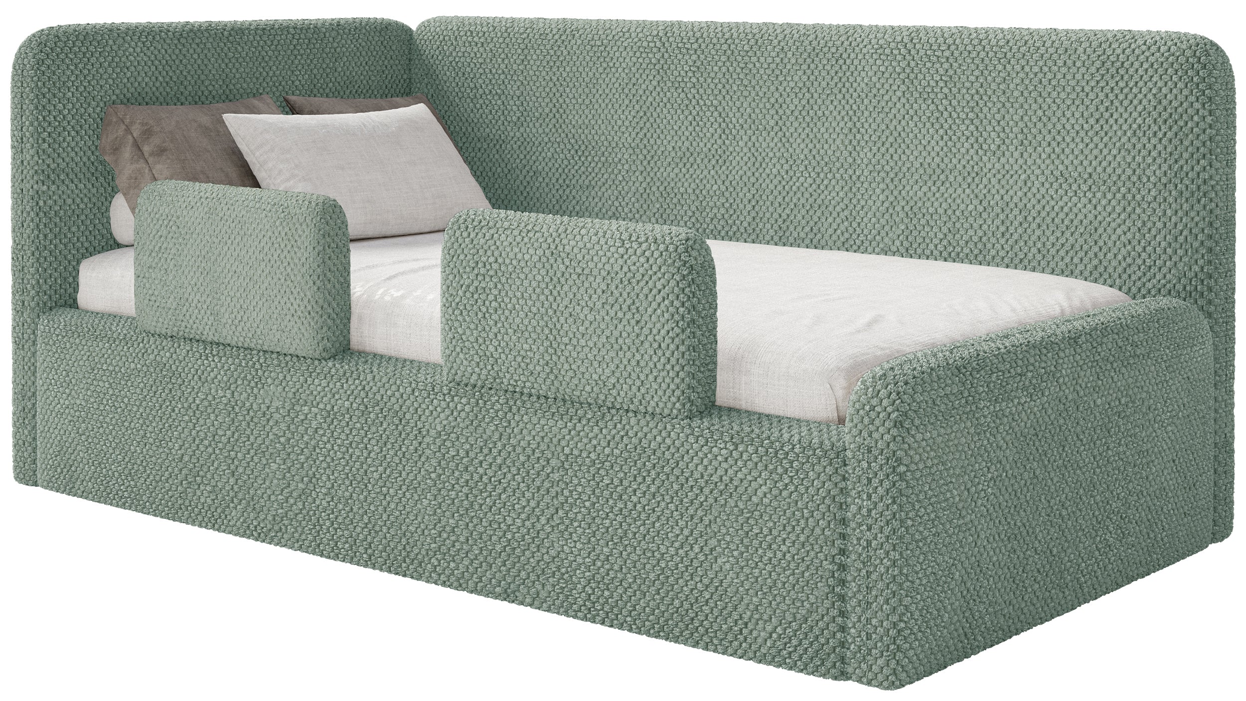 Jugendbett 120x200 cm Fanklo linksseitig mit Stauraum und Geländern, salbeigrüner Plüsch, wasserabweisend