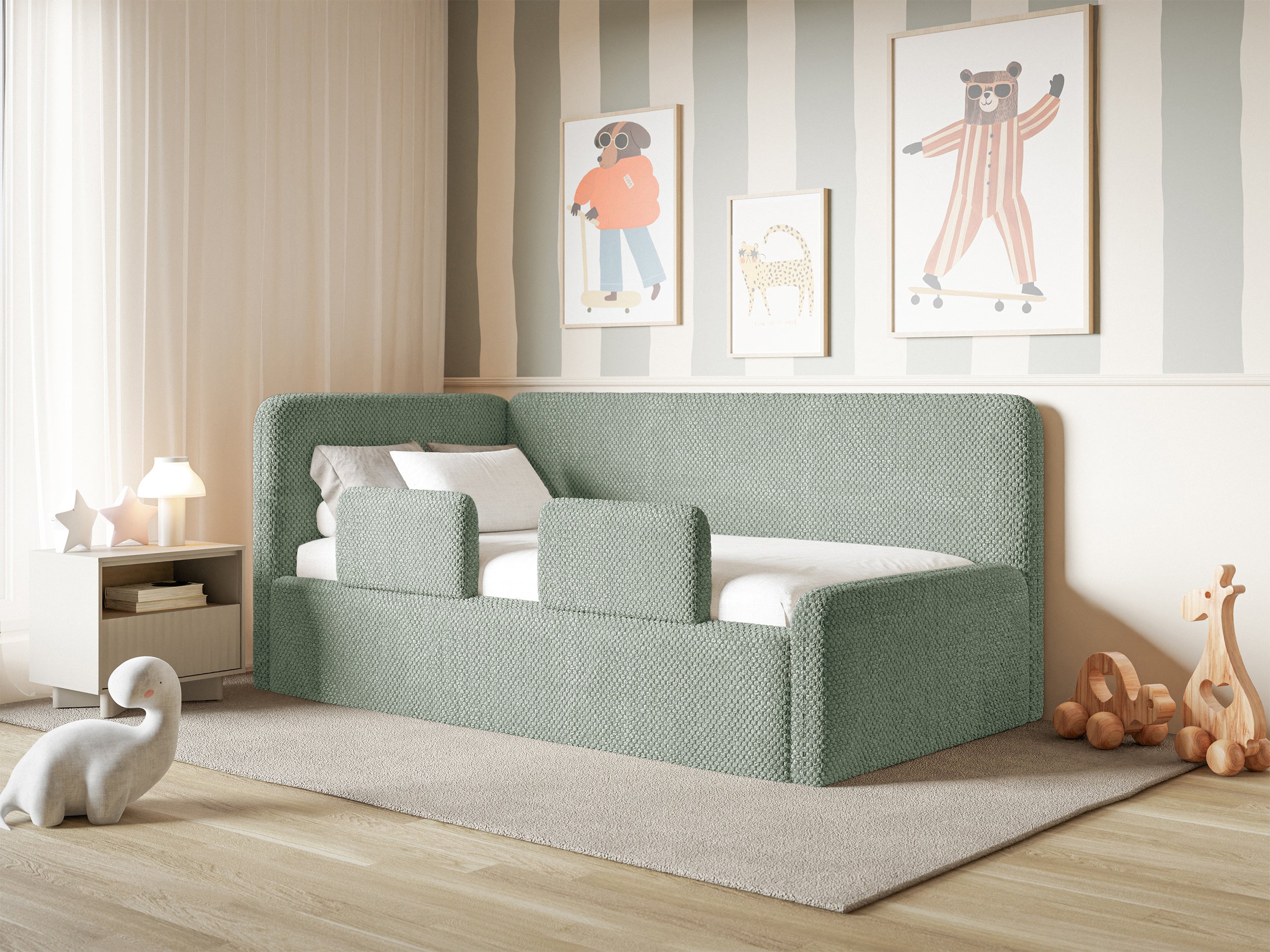 Jugendbett 120x200 cm Fanklo linksseitig mit Stauraum und Geländern, salbeigrüner Plüsch, wasserabweisend
