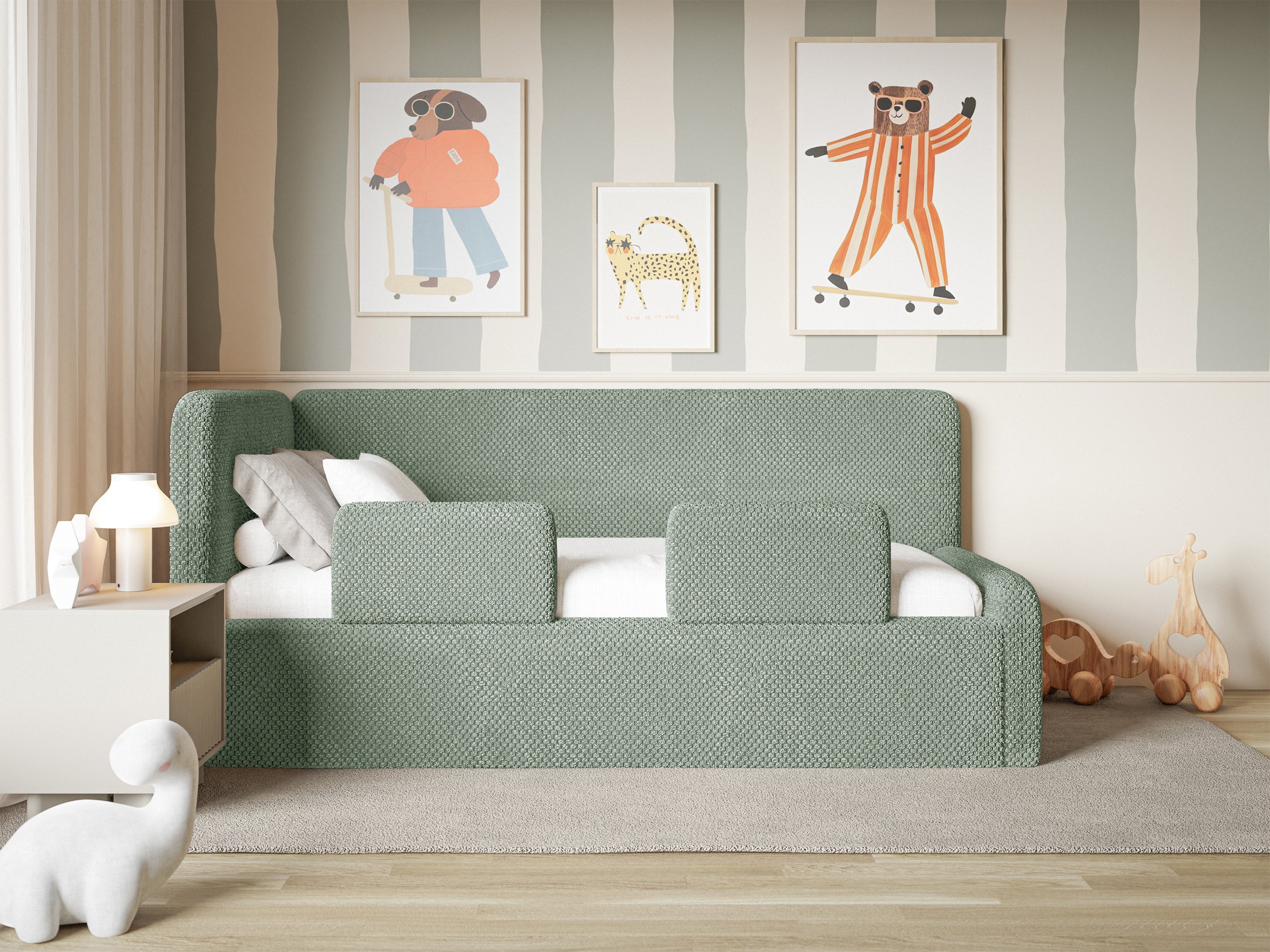 Jugendbett 90x200 cm Fanklo linksseitig mit Stauraum und Seitengittern, salbeigrüner, wasserabweisender Plüsch