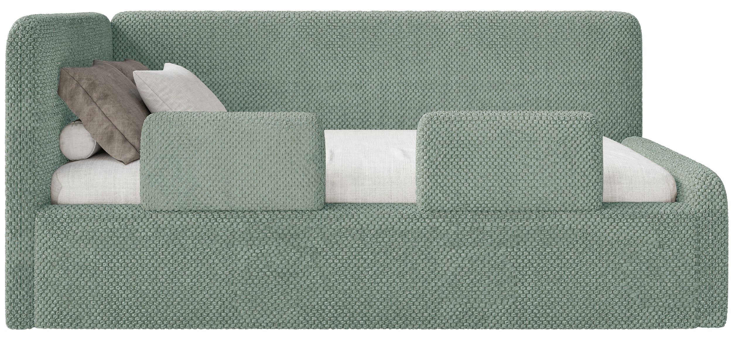 Jugendbett 120x200 cm Fanklo linksseitig mit Matratze, Stauraum und Geländern, salbeigrüner Plüsch, wasserabweisend