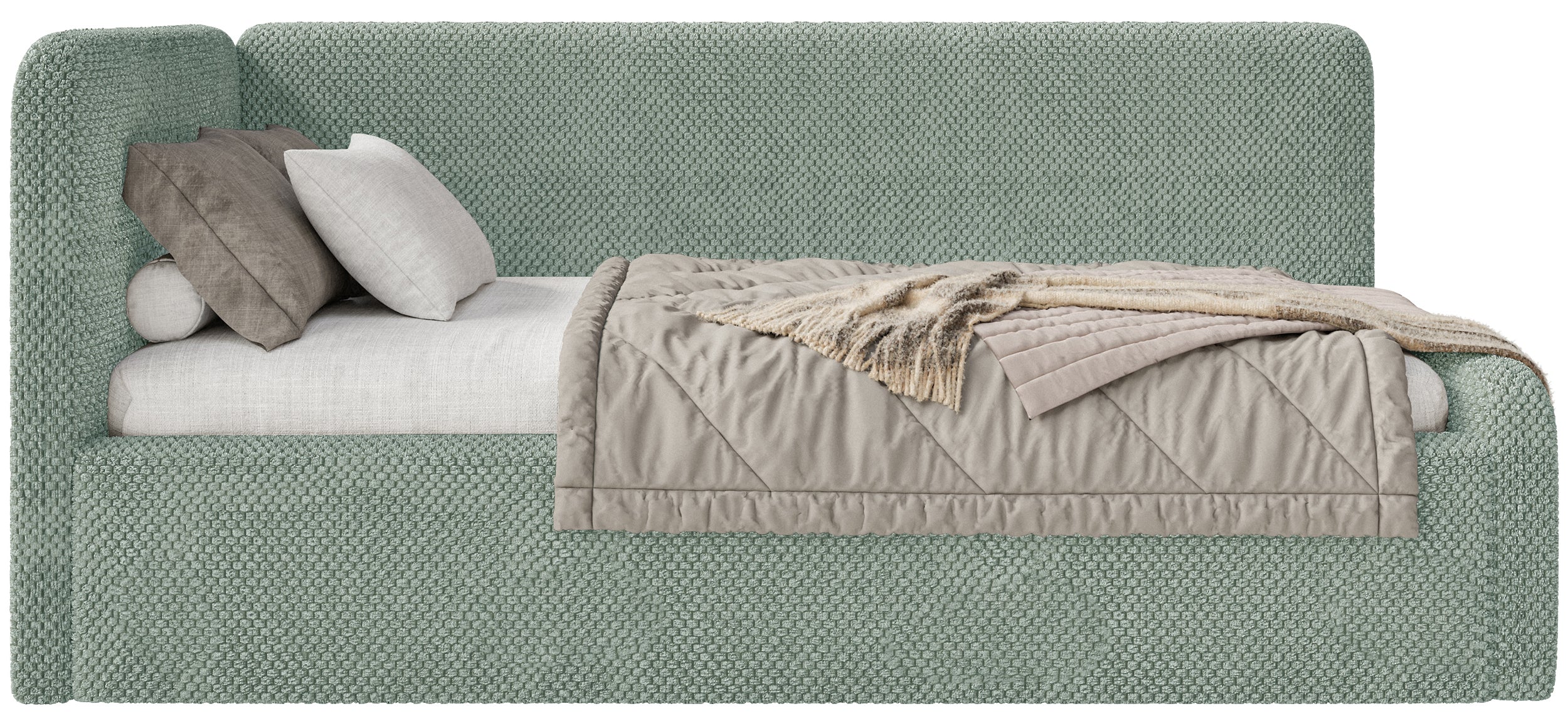 Jugendbett 120x200 cm Fanklo linksseitig mit Stauraum, salbeigrüner Plüsch, wasserabweisend