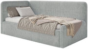 Jugendbett 90x200 cm Fanklo linksseitig mit Matratze und Aufbewahrungsbox, grauer wasserabweisender Plüsch