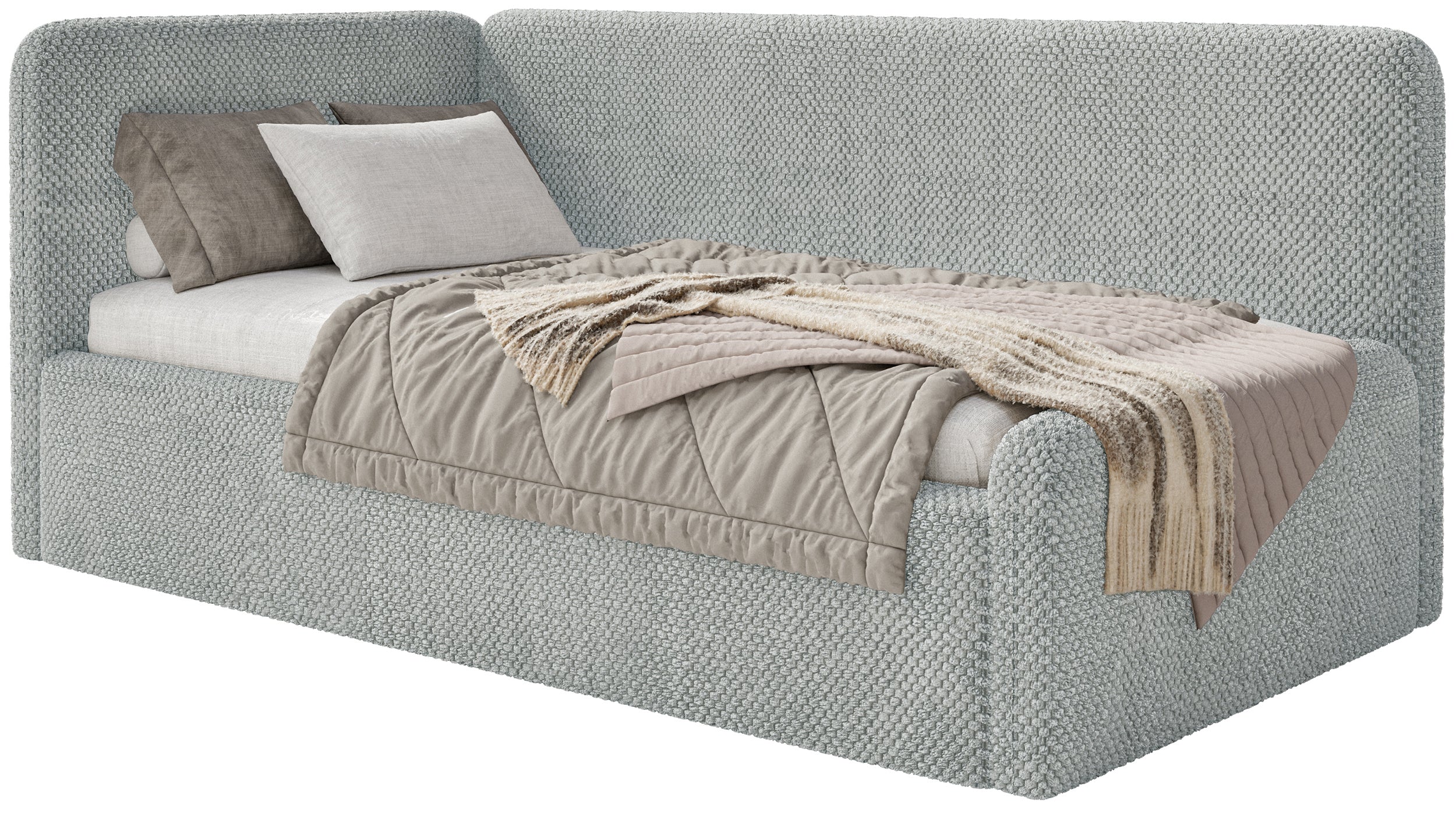 Jugendbett 90x200 cm Fanklo linksseitig mit Matratze und Aufbewahrungsbox, grauer wasserabweisender Plüsch