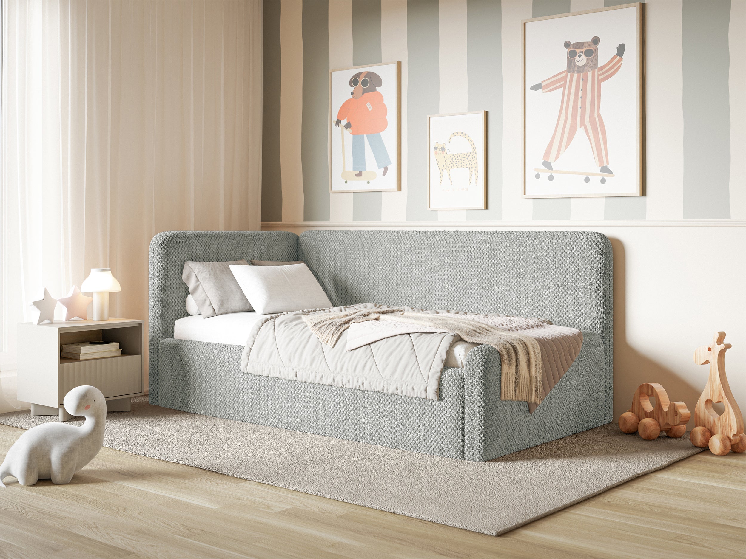 Jugendbett 90x200 cm Fanklo linksseitig mit Matratze und Aufbewahrungsbox, grauer wasserabweisender Plüsch