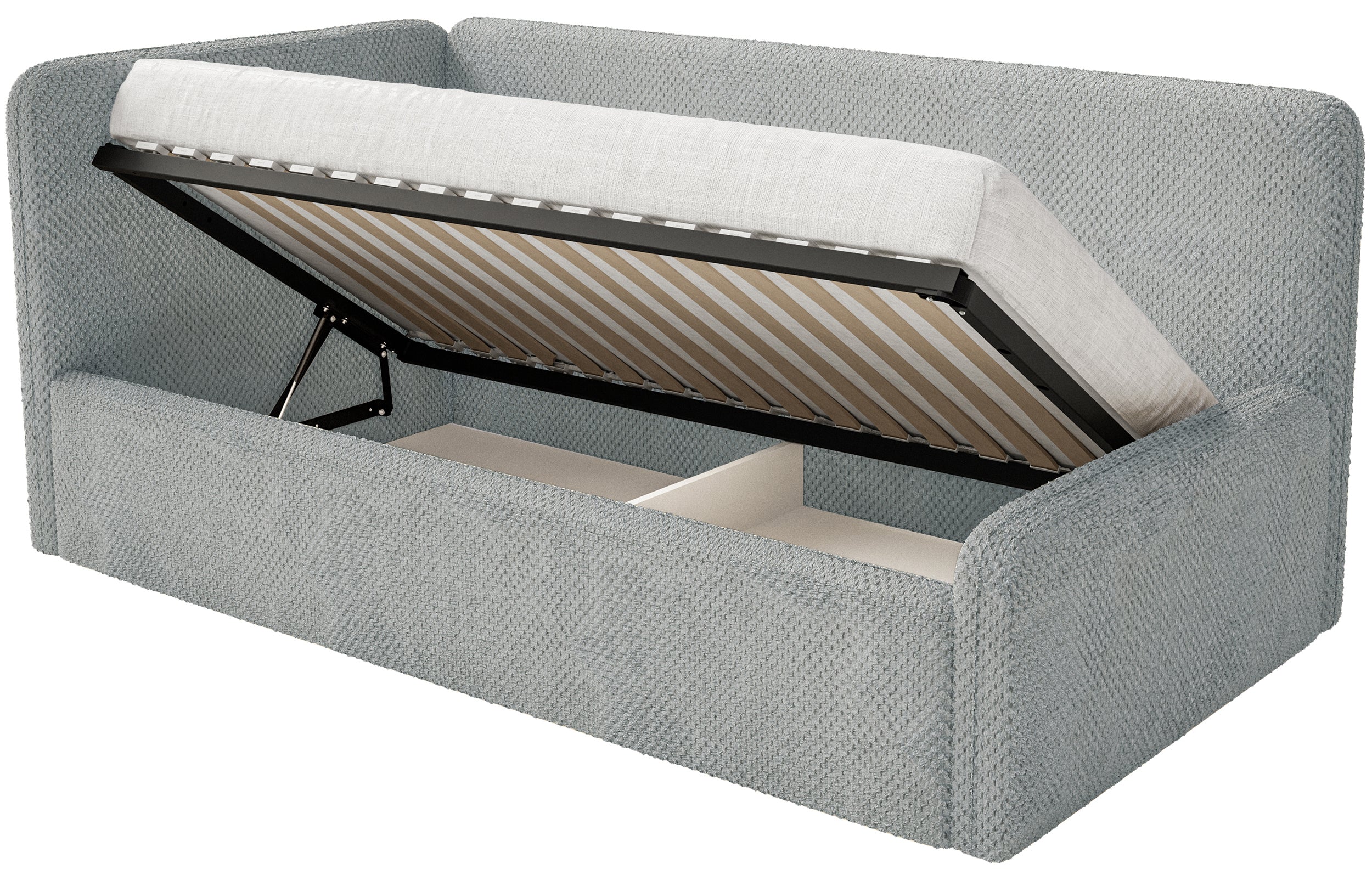 Jugendbett 90x200 cm Fanklo linksseitig mit Matratze und Aufbewahrungsbox, grauer wasserabweisender Plüsch