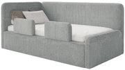 Jugendbett 90x200 cm Fanklo linksseitig mit Matratze, Stauraum und Geländern, grauer Plüsch, wasserabweisend